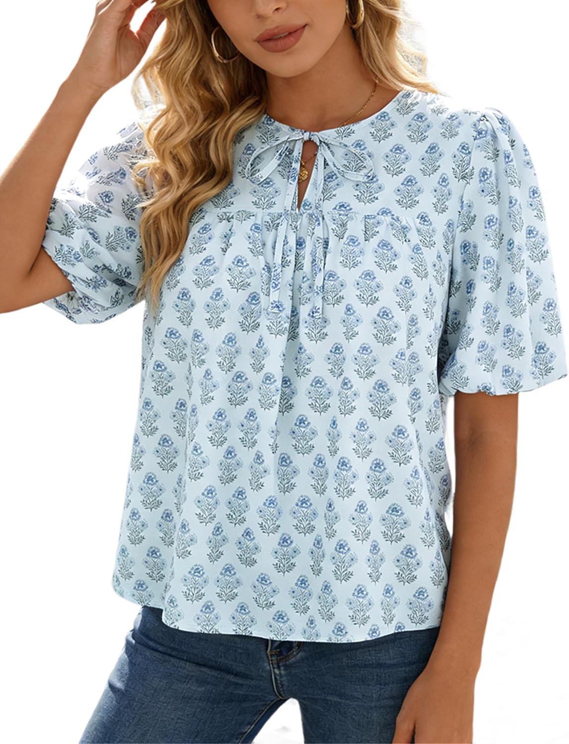 Belle Poque Floral Babydoll Tops for Women Short Puff Sleeve Tie Front Blouse Loose Fit 2026 Summer Boho Tops Outfits
