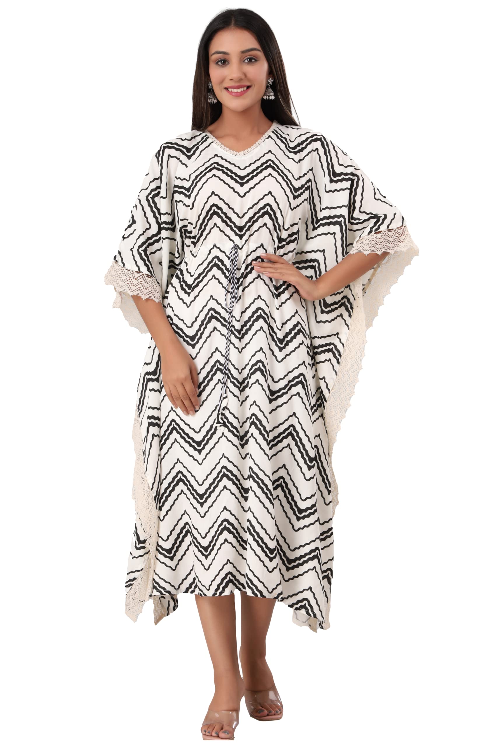 Varsha Fab Women Rayon Kaftan Printed Stripe Top Beach Wear Kurti Coverup Dresses for Girls Bikini Night Body Swim Wear Cover Ups Kaftan Sarong Flared Night Maxi Kaftan V Neck 3/4 Batwing Sleeve