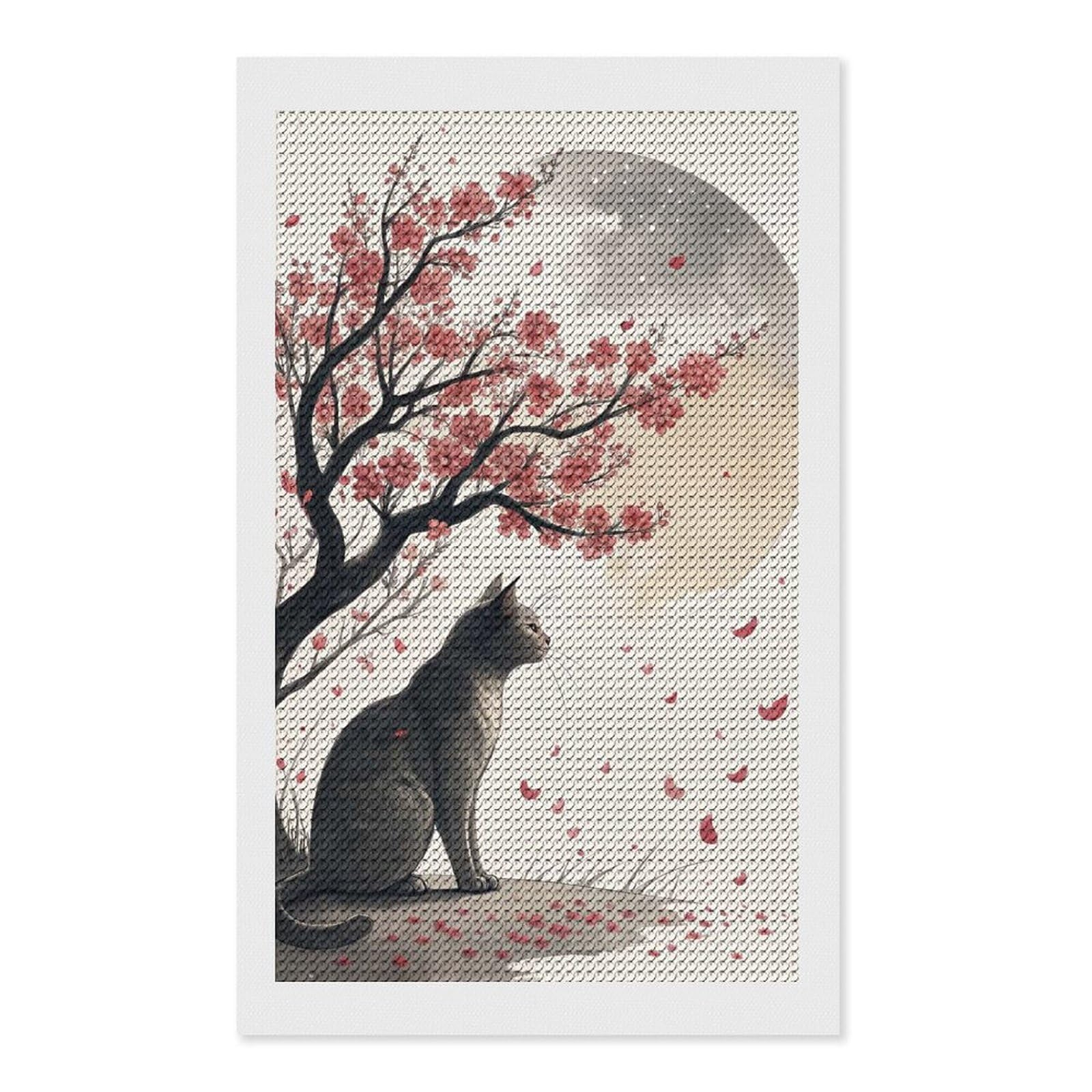 Junmoney Cat Under Cherry Blossoms Diamond Art Kit 12"x20", for Beginners, Vintage Style Decor, Good for Quiet Evenings, Festive Craft Gift