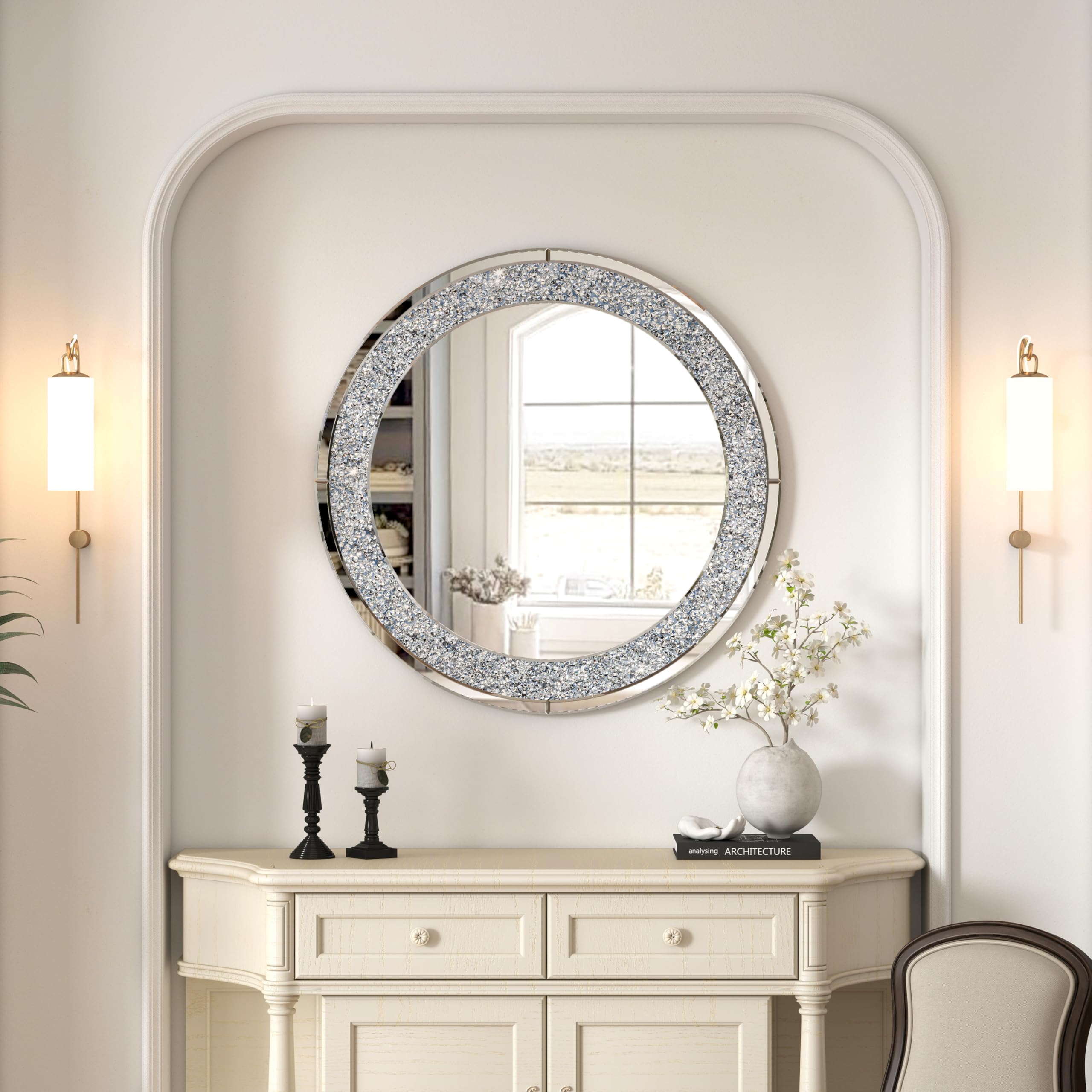 SHYFOY Gran Espejo Redondo, Ø 80 cm, Espejo de Pared Redondo con Diamantes de Cristal, para Salón, Baño, Entrada, Plata