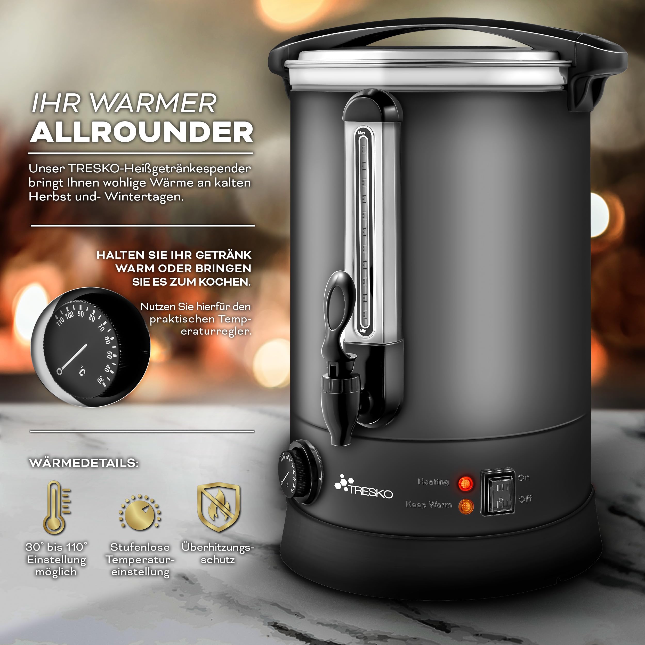 TRESKO® Bollitore per Vin Brulè 20L / 2500W Automatica da Cucina in Acciaio Inox Bollitore Vin Brulè Dispenser di Bevande Calde Distributore di Acqua Calda