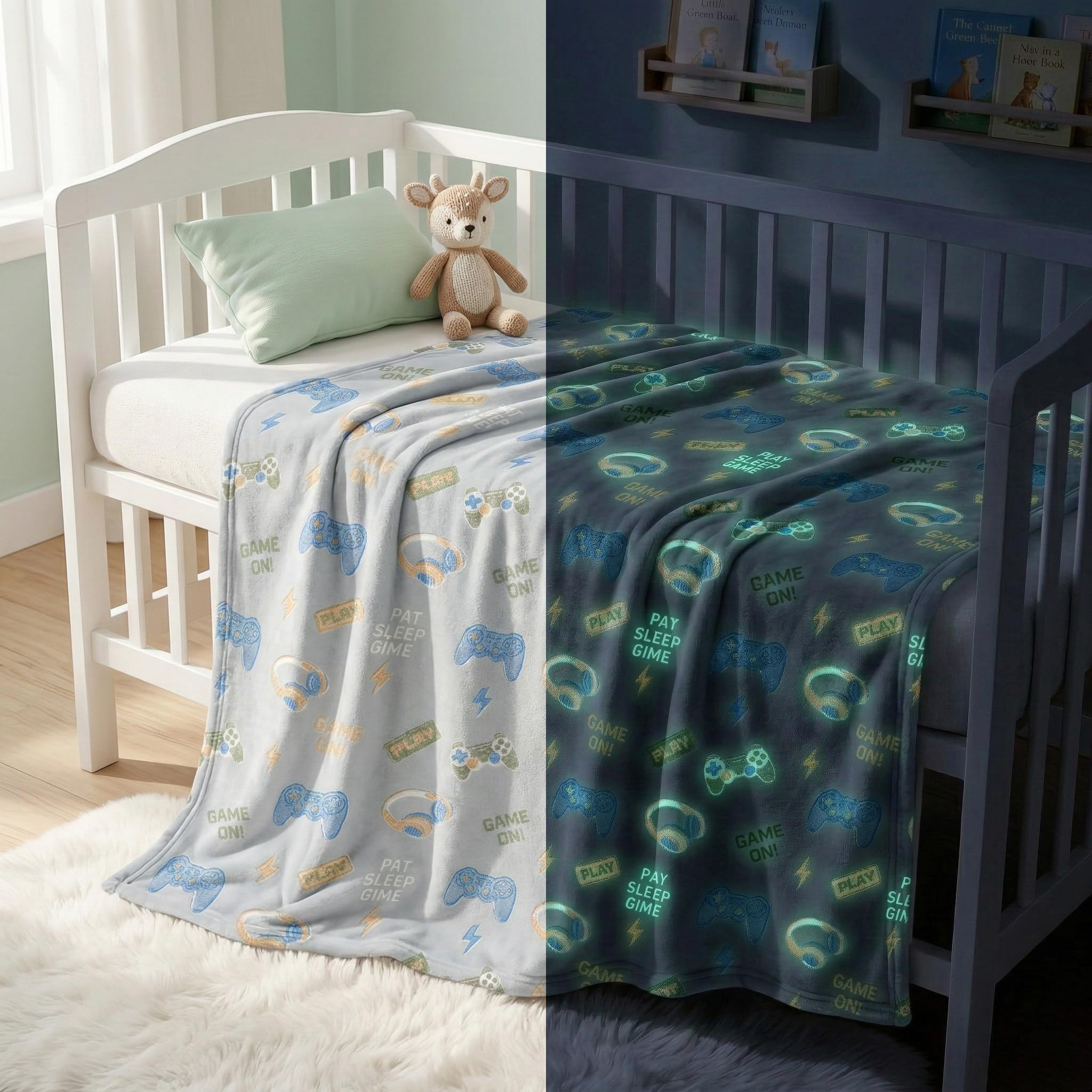BSB HOME Glow in The Dark Kids Blanket, Soft Flannel Fleece Luminous Blanket for Boys & Girls, Cozy Lightweight Kids Throw for Bed – 30 x 40 in (76 x 102 cm) (Game On Theme - Light Grey)