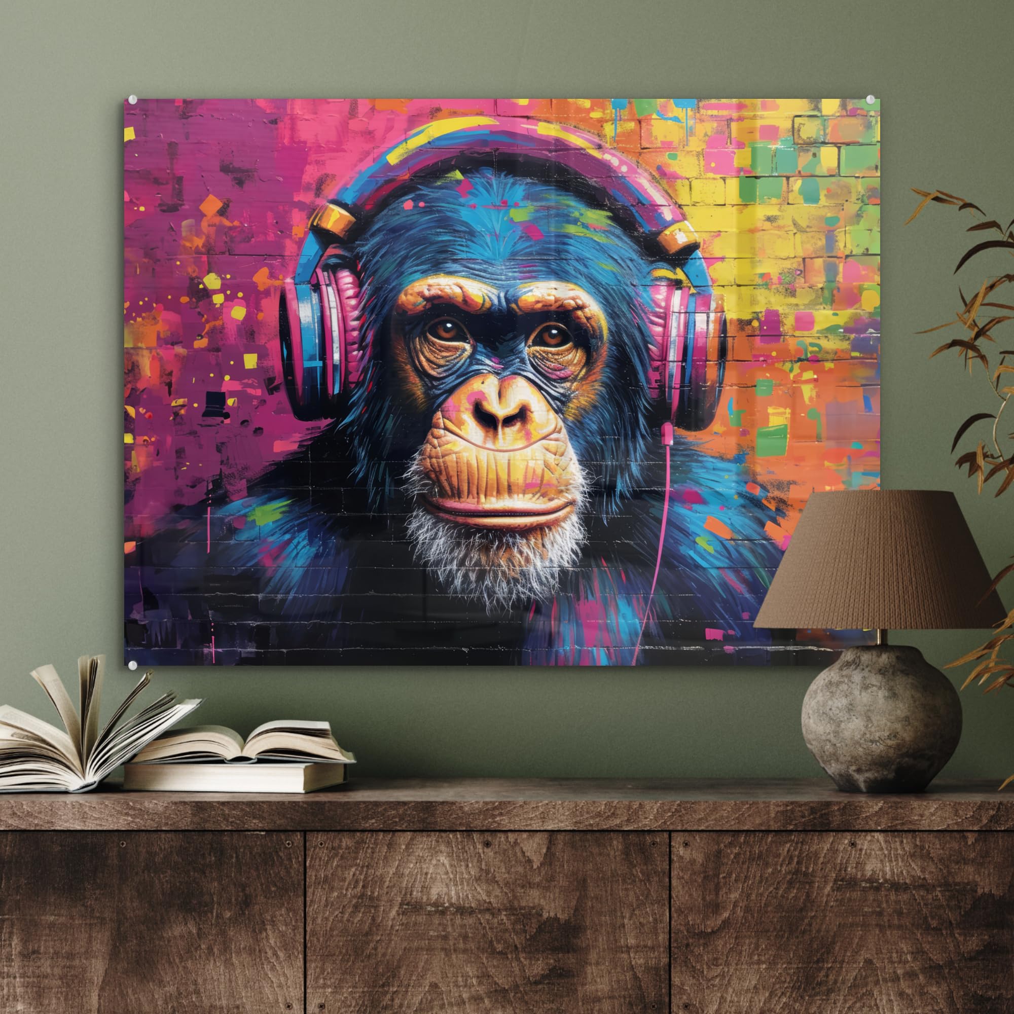 MuchoWow© Bild auf Glas 80x60 cm Schlafzimmer Bilder Badezimmer Wand Deko Wohnzimmer Modern Wanddeko Bilderwand Geschenk Graffiti - Schimpanse - Streetart - Kopfhörer - Affe