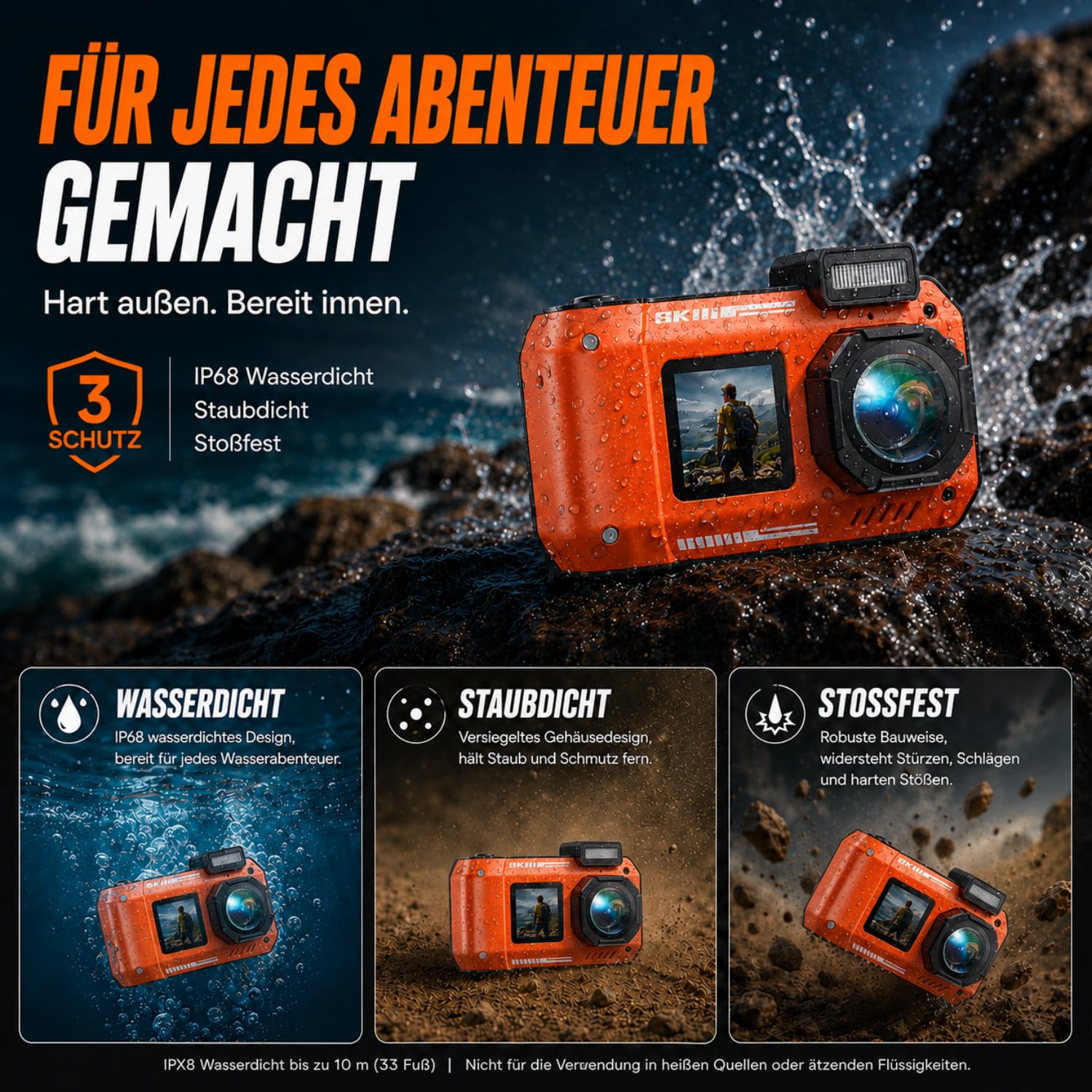 Maxmango D50 8K 90MP Unterwasserkamera, 33FT wasserdichte Digitalkamera,2.8'' Dual-Screen Selfie,Staubdichte, Stoßfeste Digitalkamera mit 2500mAh Batterie & 16GB Karte