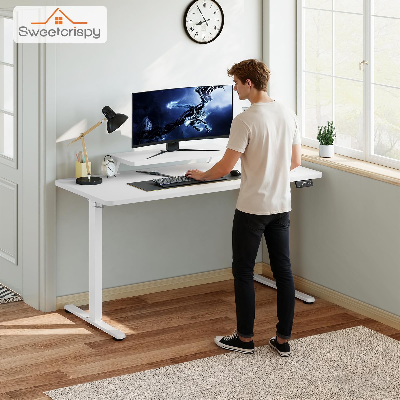 Sweetcrispy Höhenverstellbarer Schreibtisch mit Monitorständer, 140 x 60 cm Schreibtisch Höhenverstellbar Elektrisch, Ergonomischer Steh-Sitz Tisch, Computertisch Standing Desk, Weiß
