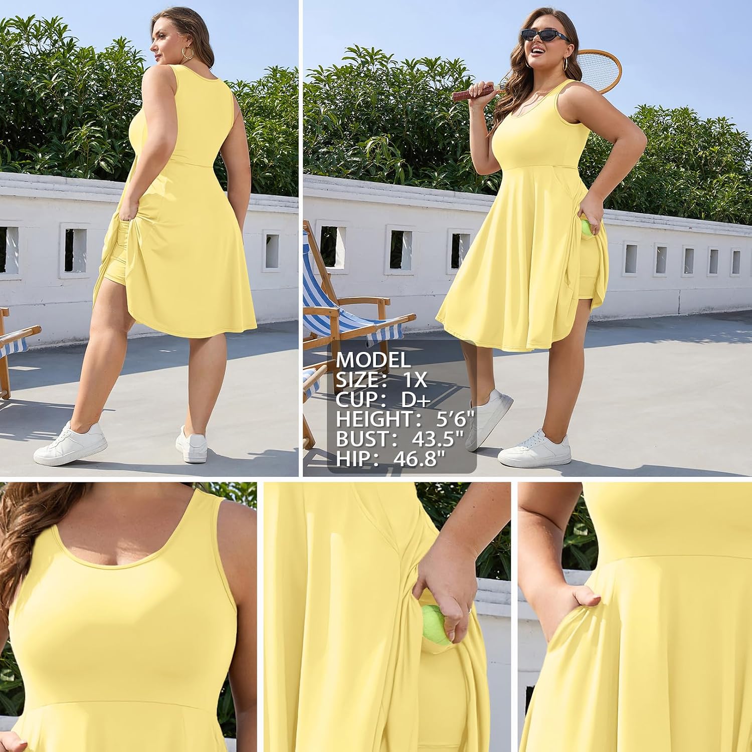 GINKANA Plus Size Tennis Dress with Separate Shorts Cloud Feeling Mini Tank Dress Sleeveless Workout Athletic Dresses,Yellow 2X
