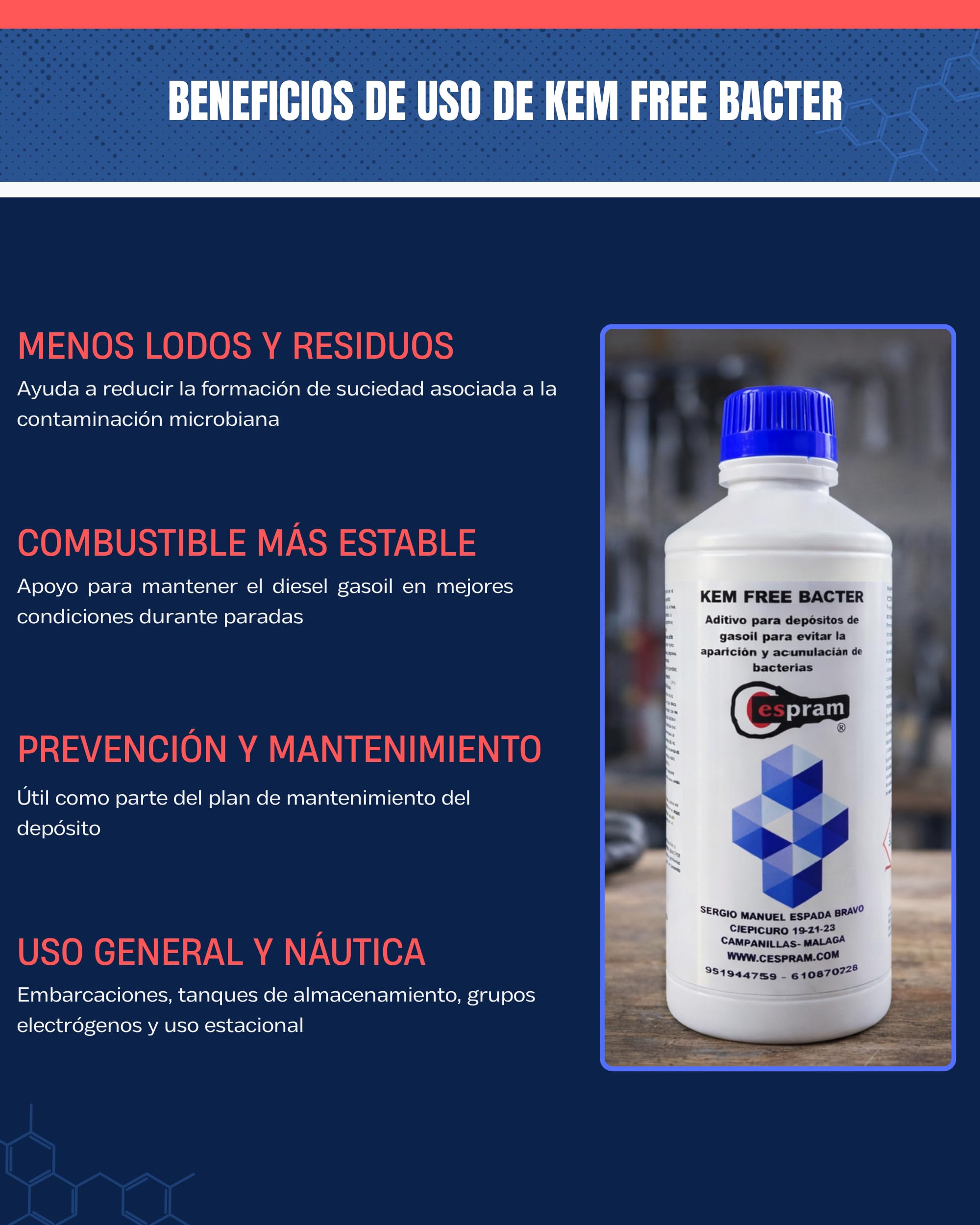 KEM FREE BACTER 1L - Aditivo bactericida para depósitos de combustible diesel y tanques de almacenamiento - Aditivo bactericida diesel gasoil para depositos y tanques parados