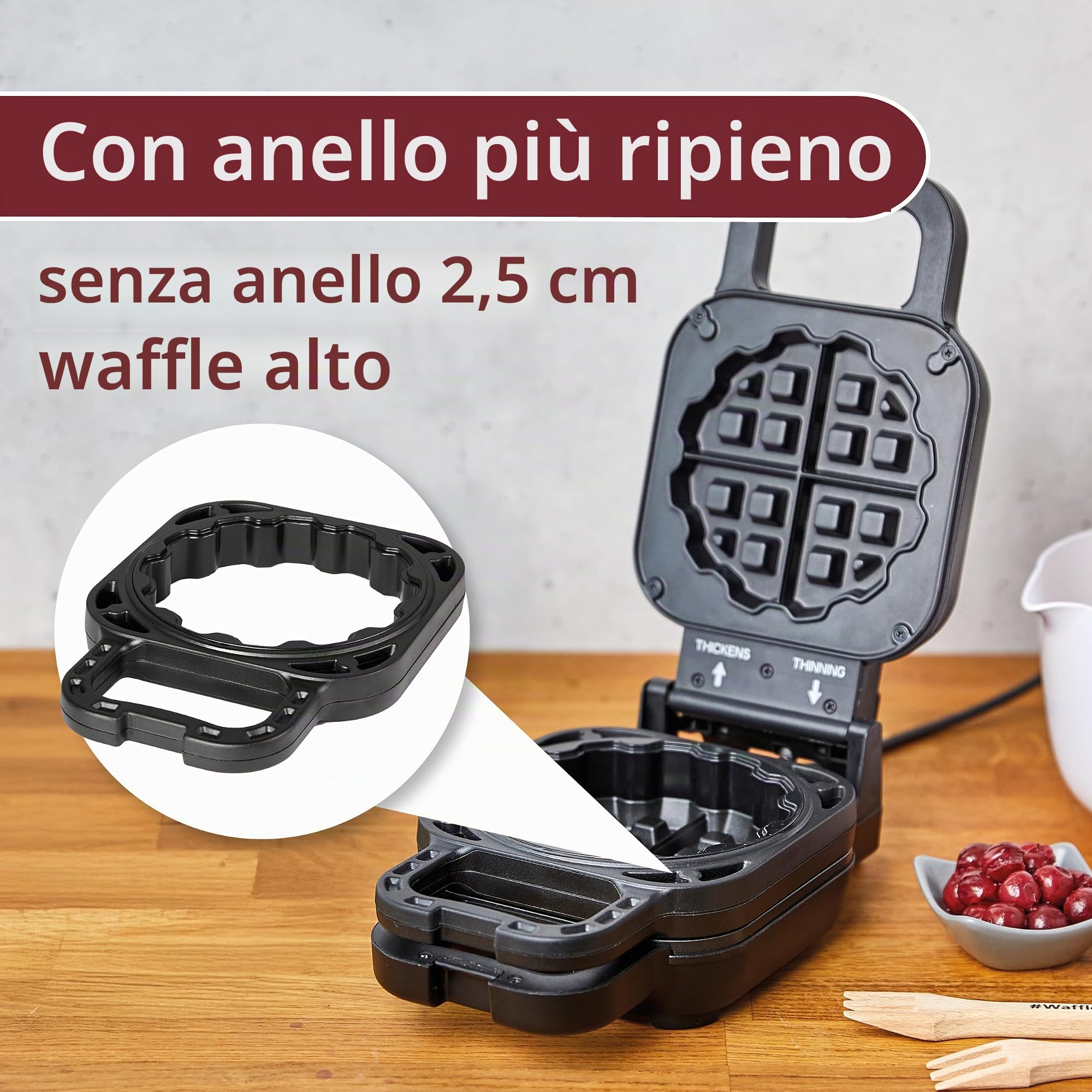 Cloer 6150 Waffle Pie Maker, Piastra per waffle per waffle ripieni, Mini waffle 11,5 cm Ø o con anello distanziatore per riempimento XXL, con rivestimento antiaderente, 800 W, nero
