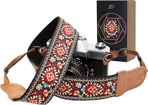 Padwa Lifestyle Correa de cámara bordada vintage roja Correas de cámara de cabeza de vaca de 2 pulgadas de ancho, correa de hombro y cuello