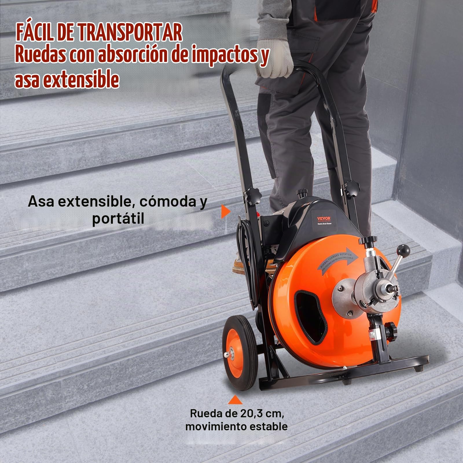 VEVOR Desatascador Eléctrico de Desagües 15m x 12,7mm Máquina Limpiadora de Tuberías Fuente de Alimentación Automático con 4 Cortatubos de Pie para Tuberías de 2,54-10,16 cm Alcantarillado Inodoro