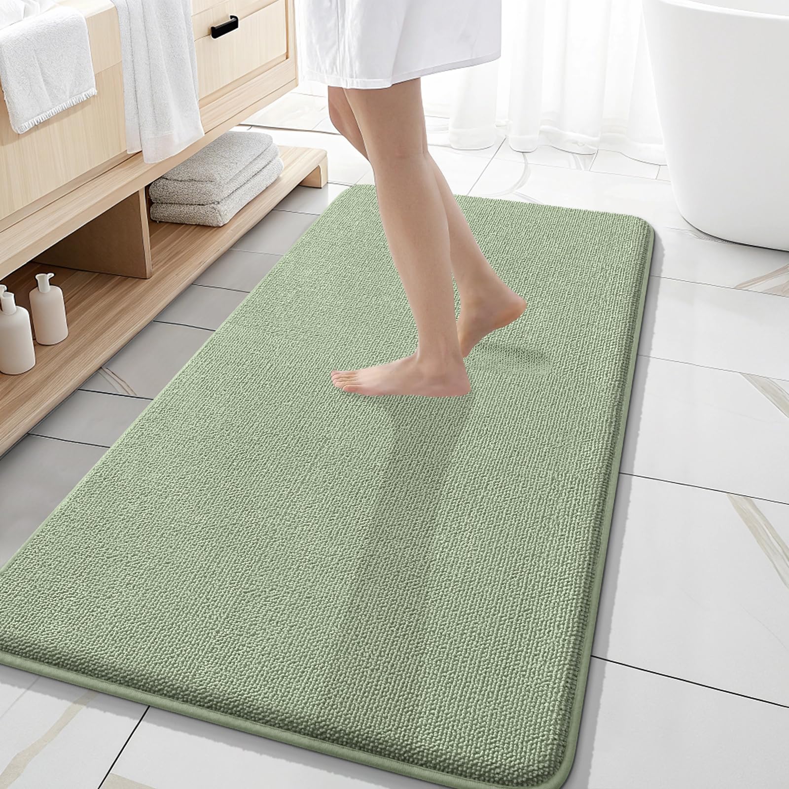 OLANLY Memory Foam Bathroom Runner Rugs 47x20, Long Bath Mats, Sage Green