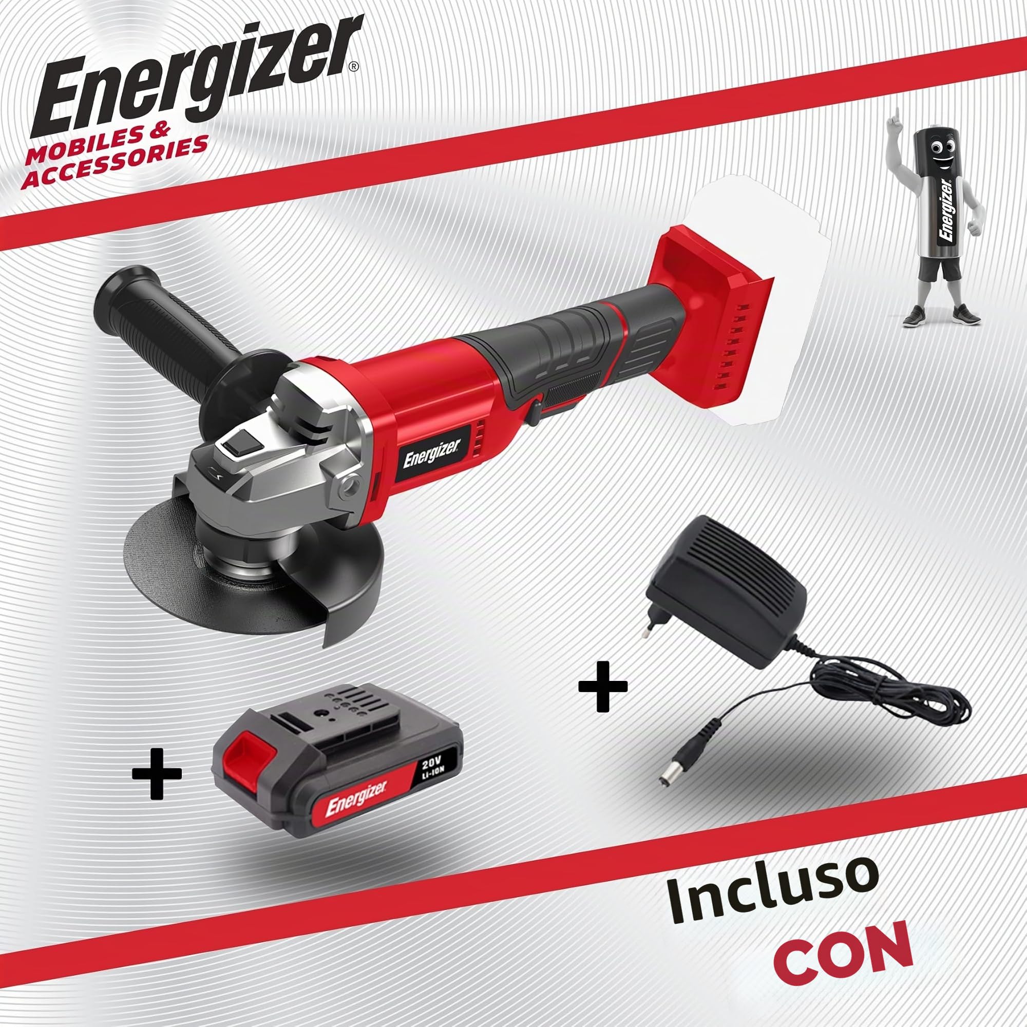 Energizer Smerigliatrice angolare senza fili 20 V – 8000 RPM, disco 125 mm, alloggiamento di protezione, interruttore di sicurezza, batteria 20 V e caricatore inclusi