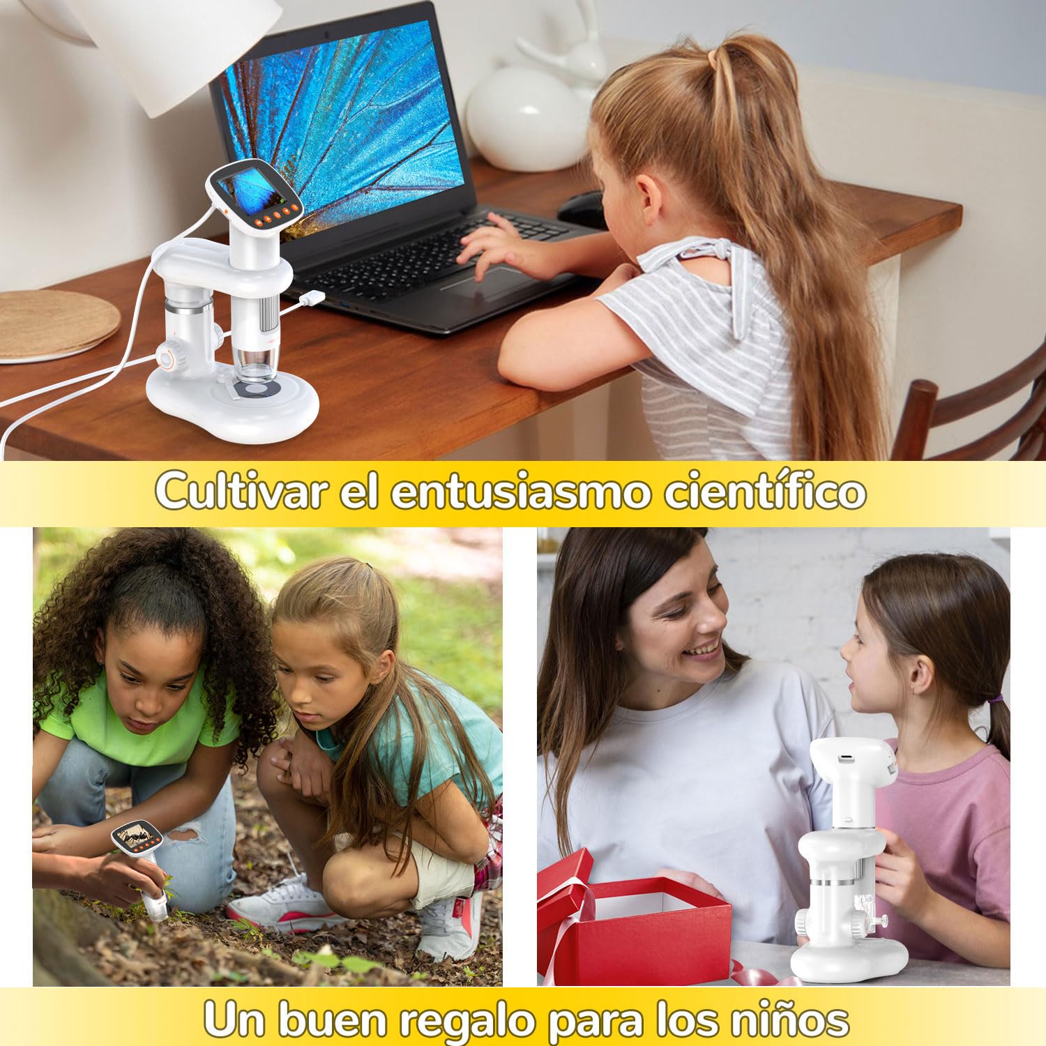 Microscope Microscopio para niños con Pantalla LCD 1000X de Gran Potencia imágenes claras de Alta definición, Cabina de Insectos única, niños, microscopio Digital portátil