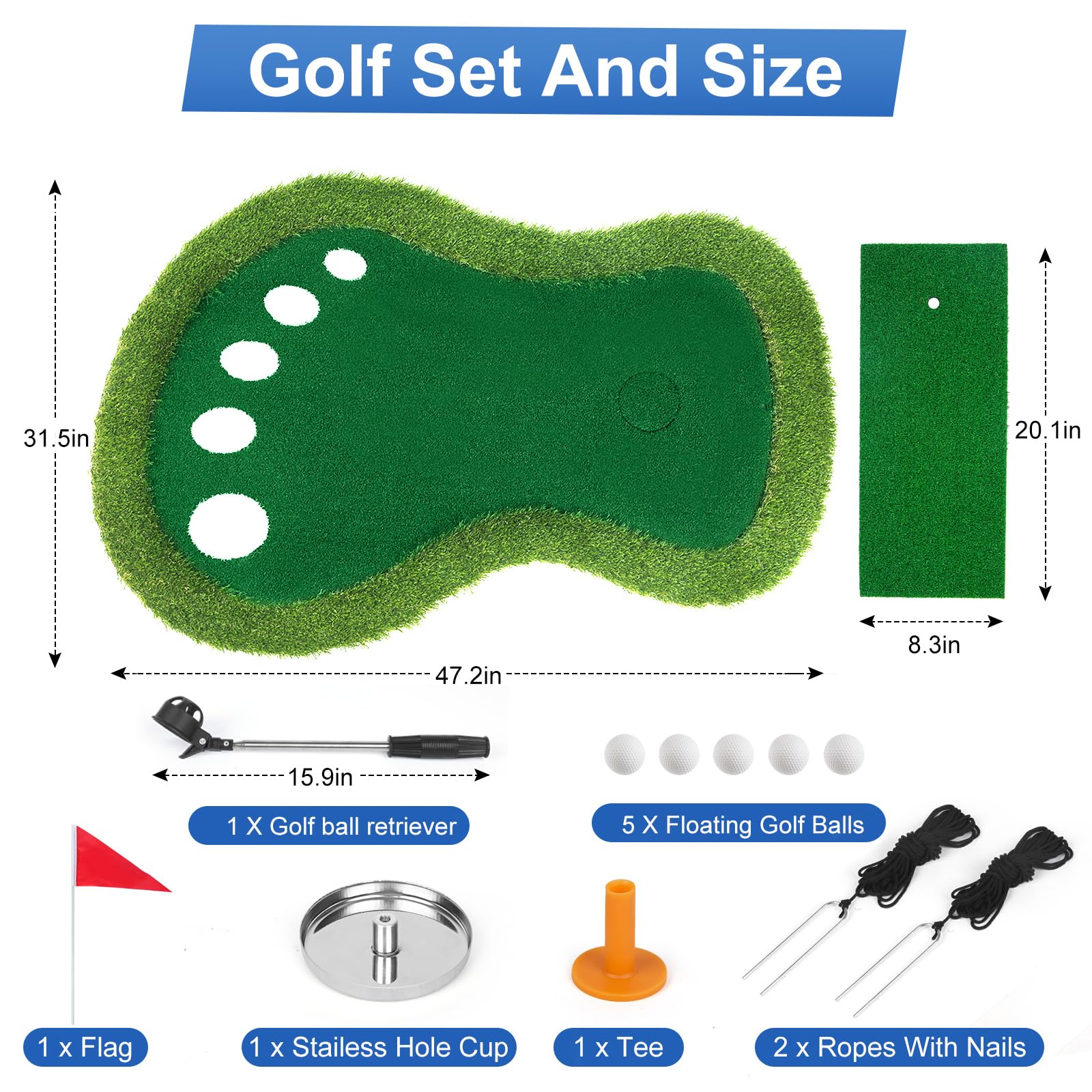Tapis de golf flottant vert pour piscine, tapis vert flottant avec récupérateur de balles pour piscine/lac, jeu de golf flottant pour golfeurs