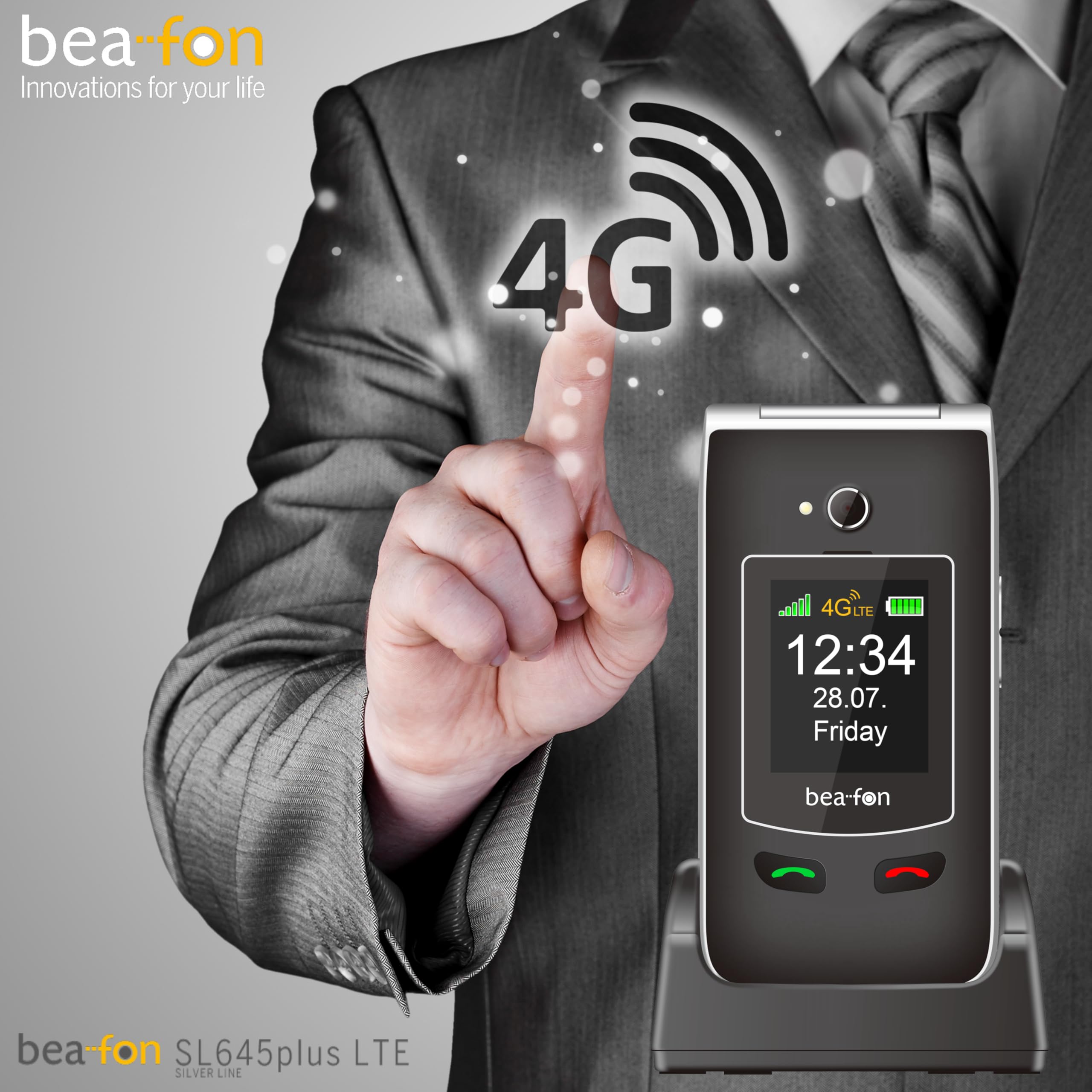 Beafon, SL645plus LTE (4G), Silverline, telefono per anziani con pulsante di emergenza SOS, telefono pieghevole, telefono con tasti grandi, pulsante per rispondere alle chiamate e terminare la