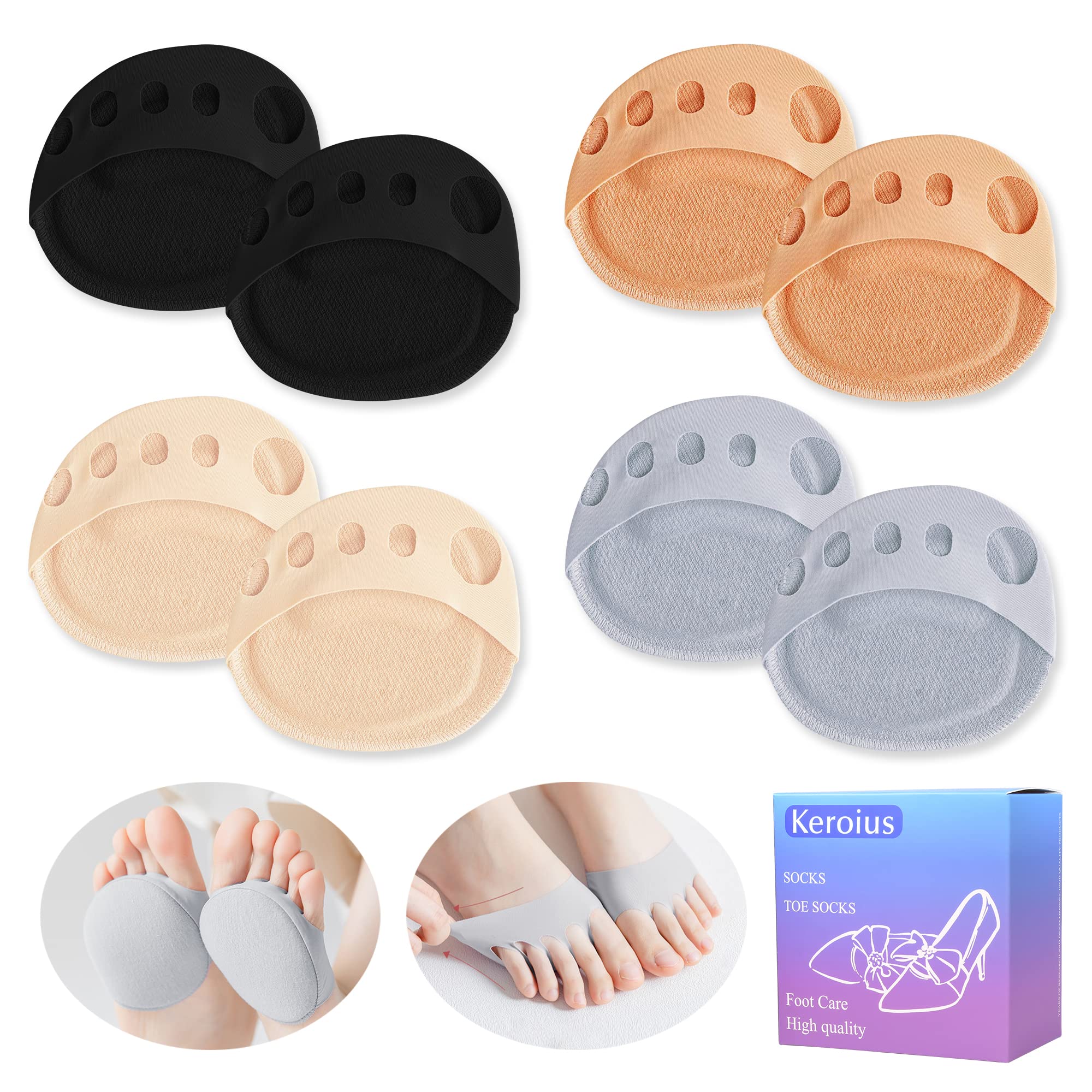Ball of Foot Cushions Pad,4 Pairs Honeycomb Fabric Forefoot Pads for Metatarsal,No Show Women's Half Socks Pads Invisible Toe Topper Liner Socks Sponge Cushion (Black/Orange/Beige/Gray)
