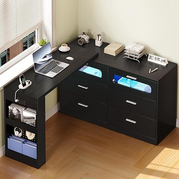 DWVO Vanity Table with RGB Lights, 360° Rotatable LED Drawer Dresser with 6 Drawers, Vanity Desk with Storage Cabinet and Charging Station for Bedroom, Executive Computer Desk for Workspace, Black