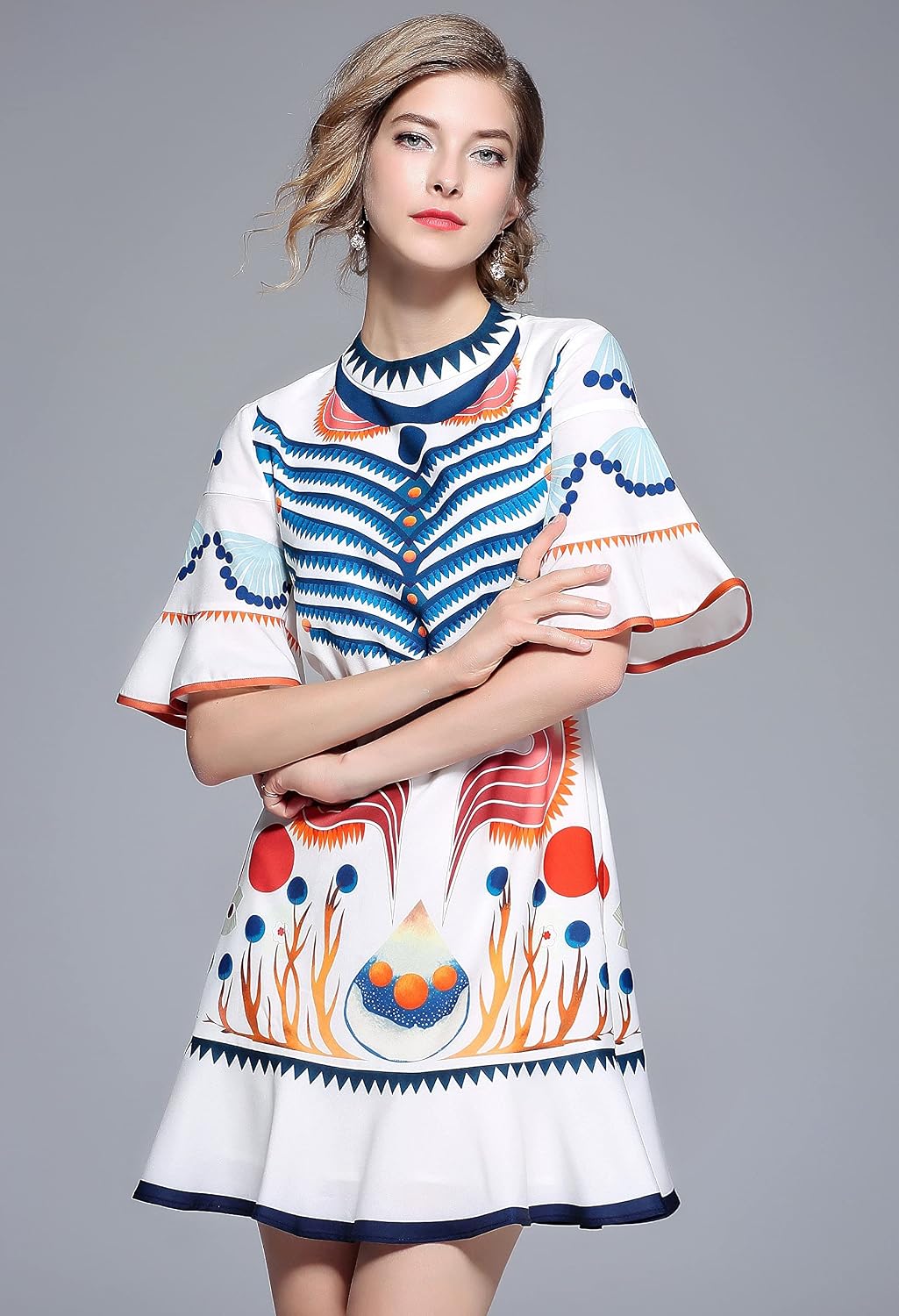 LAI MENG FIVE CATS Women's Summer Puff Sleeve V-Neck Floral Print Casual Swing Mini Dress