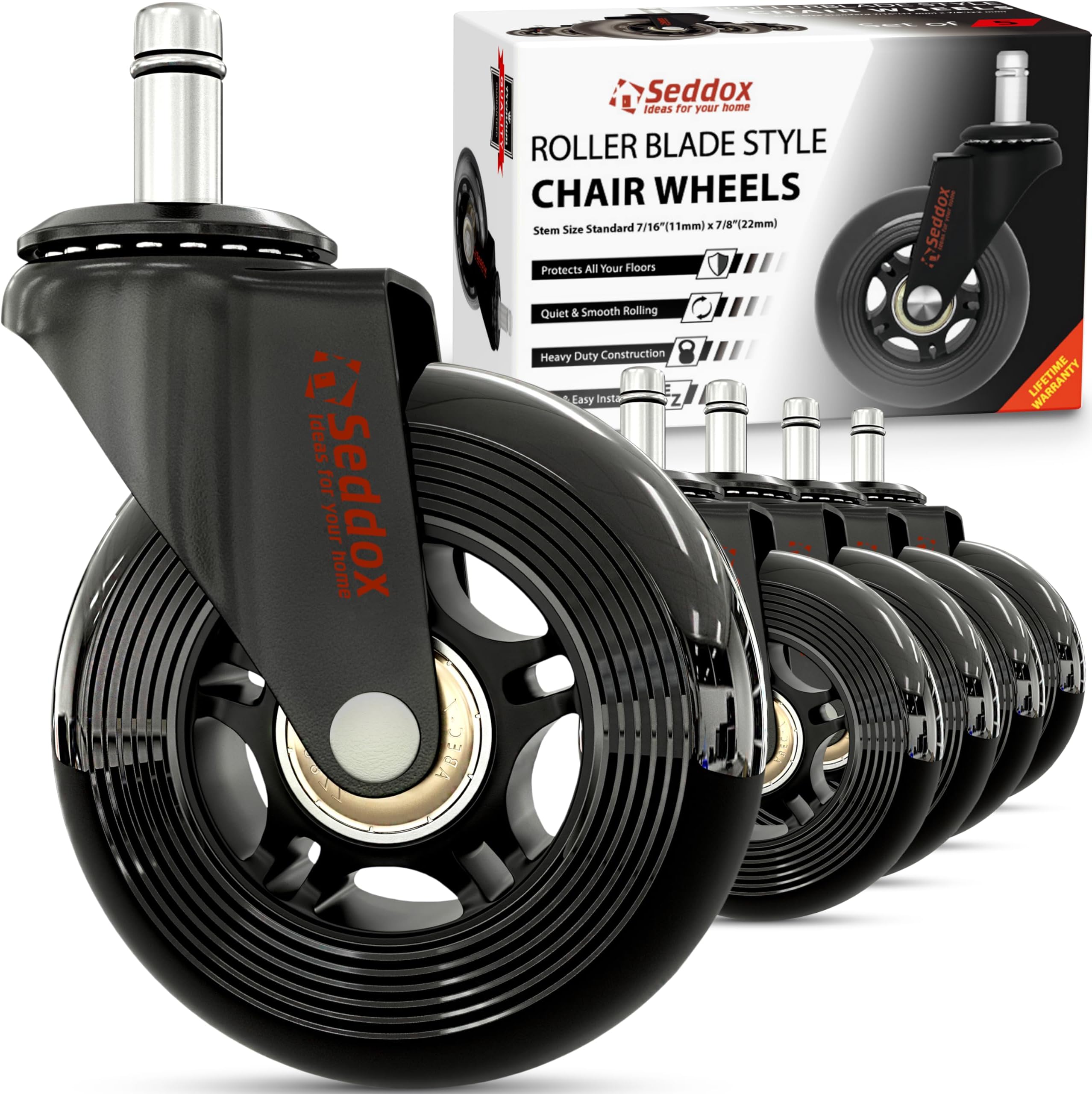 Office Chair Wheels Replacement Set - Soft Desk Chair Casters for Wood Hardwood Floors & Carpet - Heavy Duty & Safe For All Floors Without Chair Mats - Fits 98% Computer Gaming & Office Chairs - Black