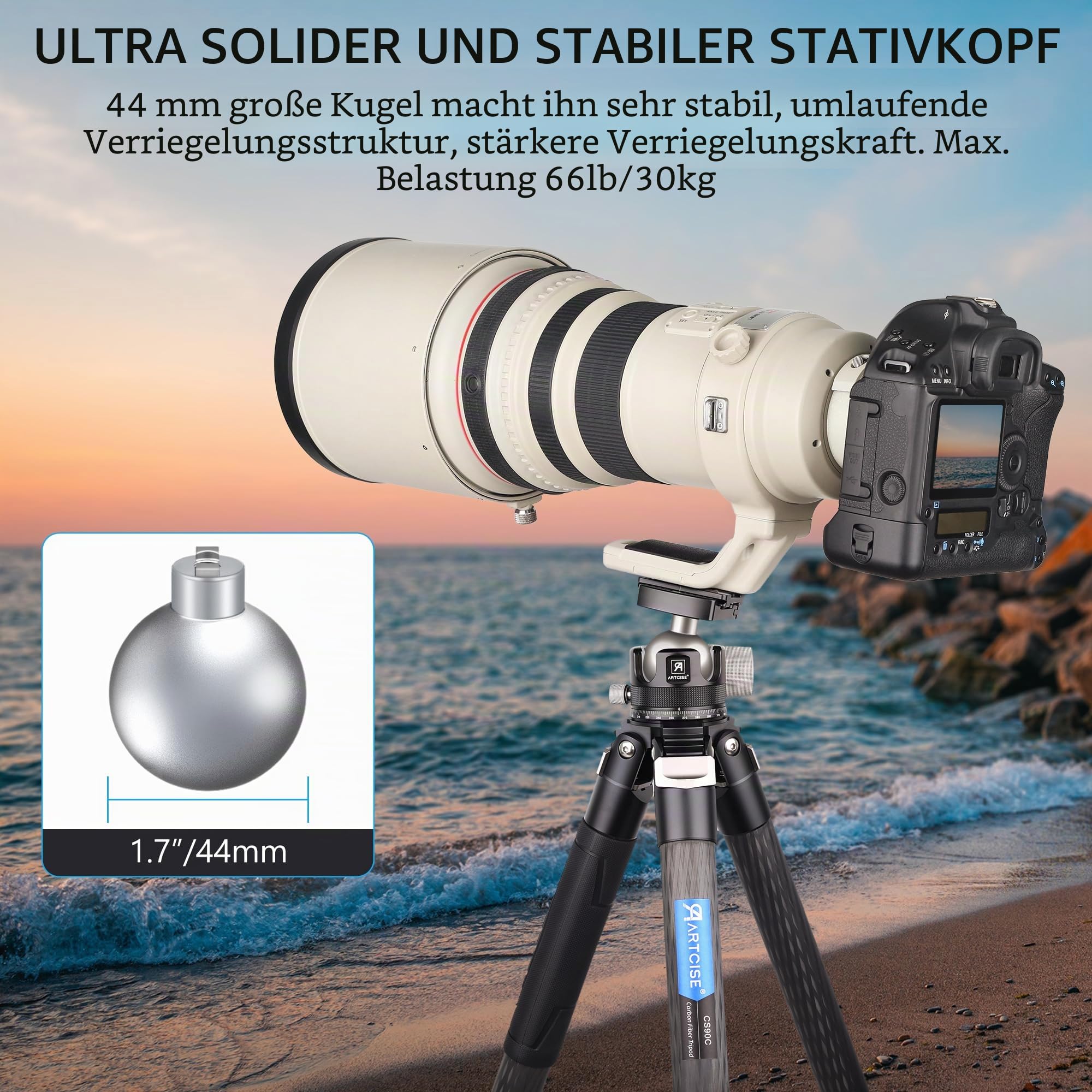 Low Profile Kugelkopf, ARTCISE KB44 Heavy Duty Stativkopf aus Vollmetall mit DREI 1/4" Schnellwechselplatten für Stativ, Einbeinstativ, DSLR, Camcorder, maximale Belastung 30 kg.
