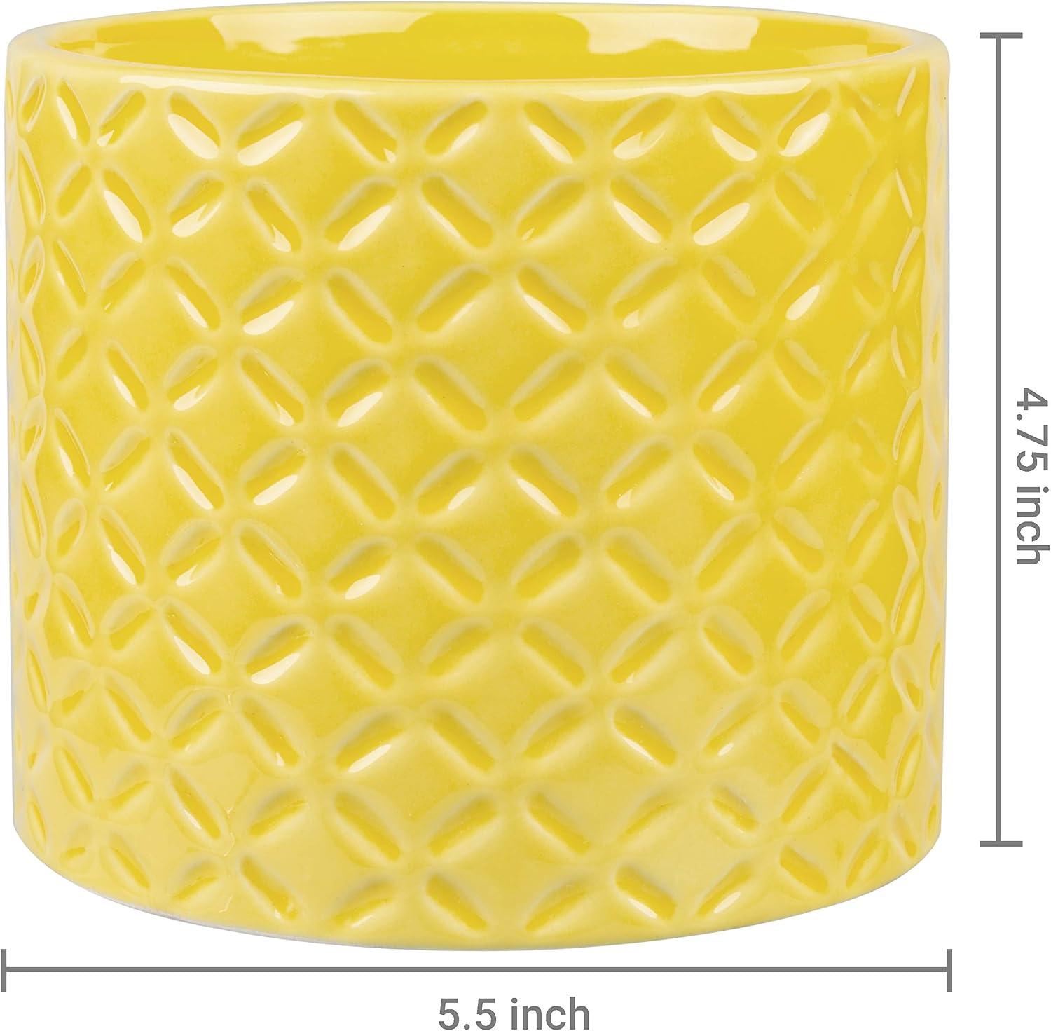 MyGift 5 Inch Yellow Glazed Ceramic Decorative Plant Pot with Drainage Hole and Embossed Diamond Pattern, Small Round Indoor Plant Container, Flower Cactus Succulent Planter