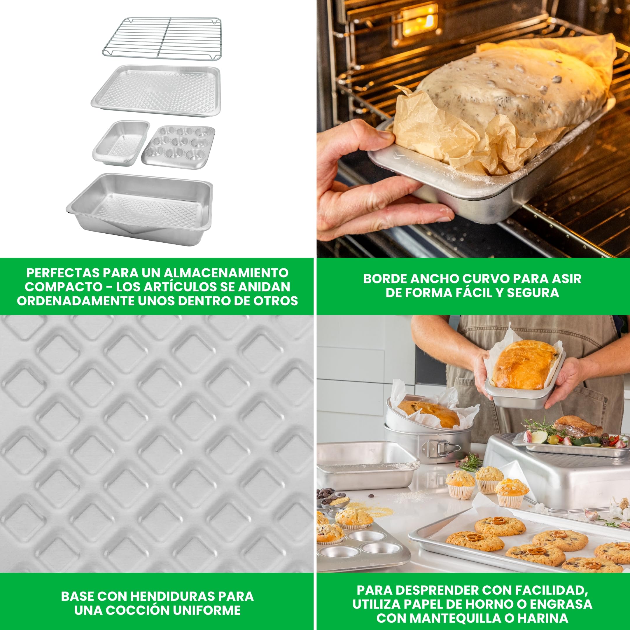 MasterClass Juego de horneado de 5 piezas de aluminio reciclado , juego apilable con bandeja para asar, molde para magdalenas, molde para pan de 2 lb, bandeja para hornear y rejilla metálica