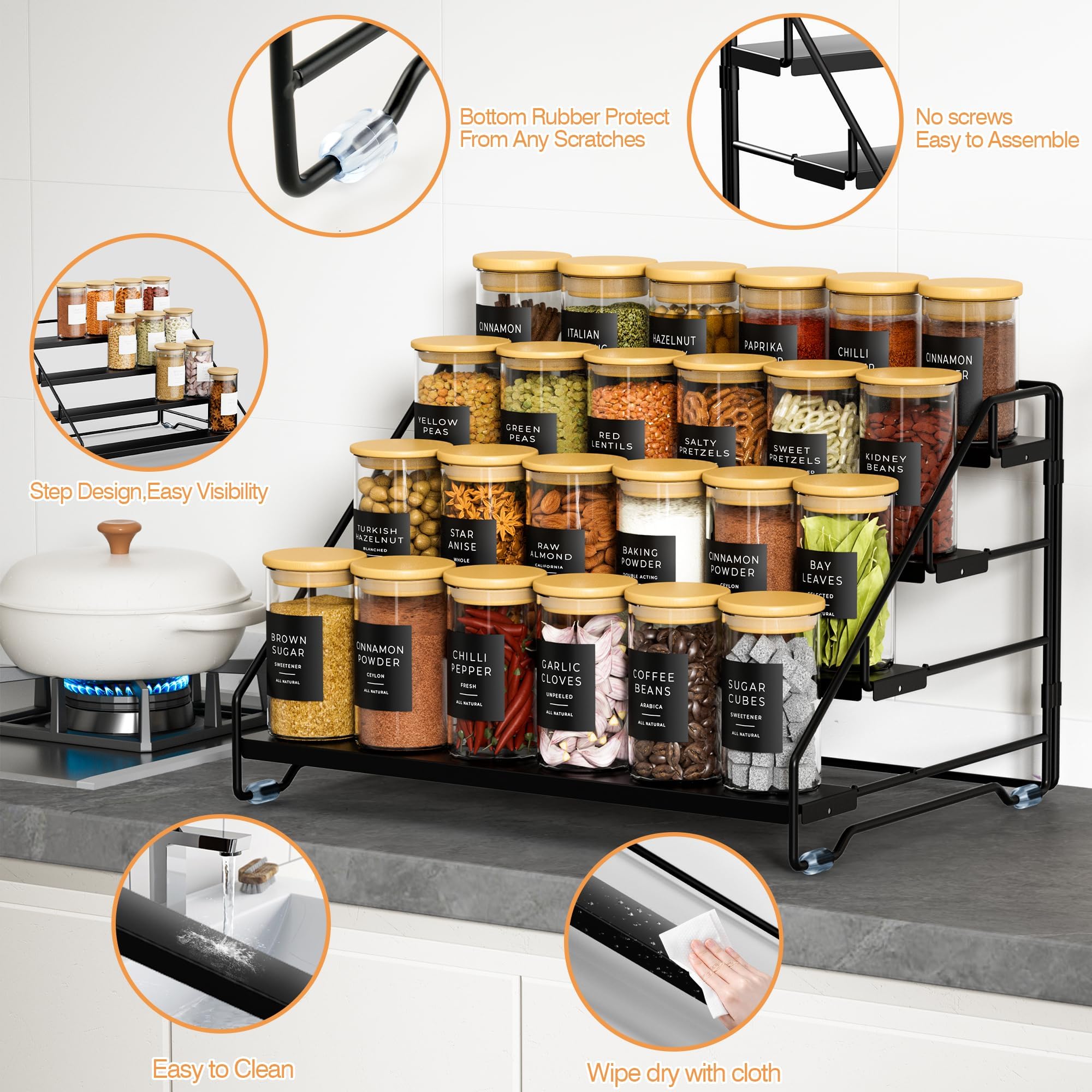 Gucass Porta Spezie per Cucina, Portaspezie in Metallo Salvaspazio A 4 Livelli, Portaspezie da Appoggio Regolabile Supporto Porta, Spezie Organizer per Cucina Bancone Armadio, Nero