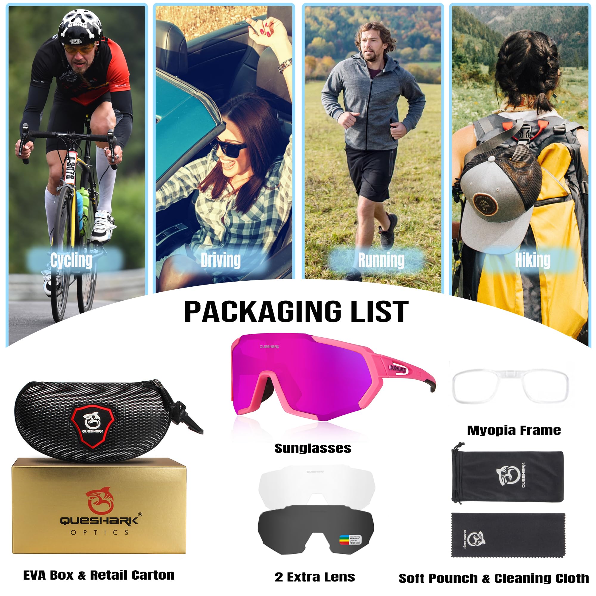 Queshark Occhiali da Ciclismo Polarizzati per Ccchiali TR90 con Montatura per Uomo Donna con 3 Lenti Intercambiabili Anti-UV400