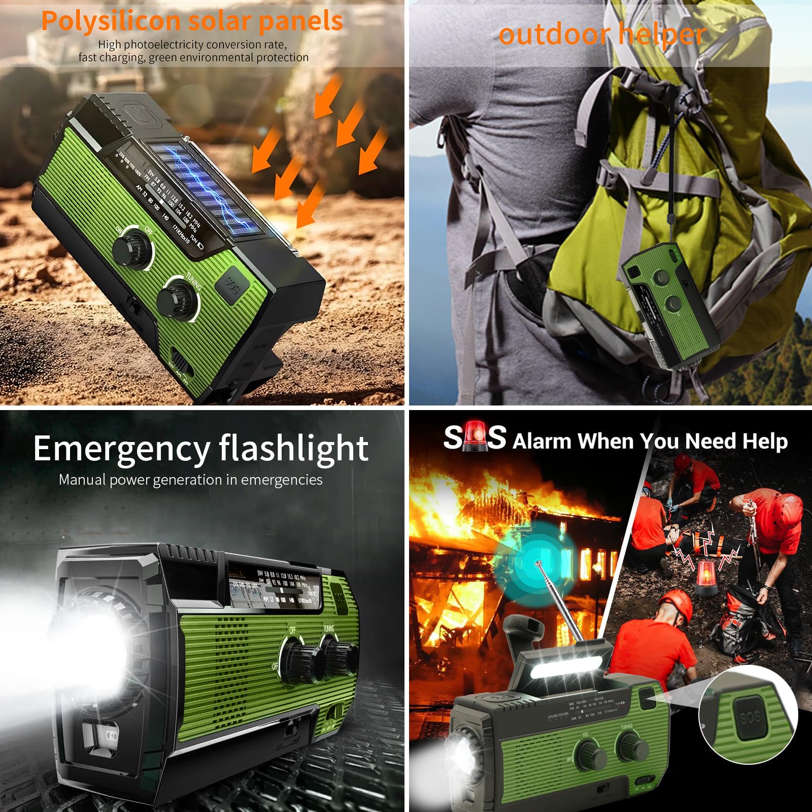 SOLARBABY Radio solare di emergenza con manovella, torcia LED, allarme SOS, AM/FM, batteria 4000 mAh, ricarica smartphone (Verde)