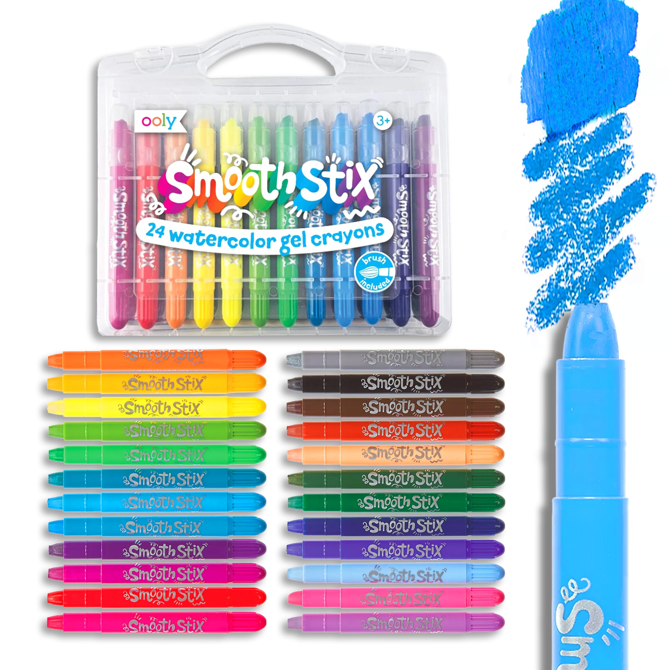 Ooly Smooth Stix Watercolor Gel Crayons, Set of 24 | Ages 3+, Easy-Grip Twist-Up with Paint Brush and Case, Rainbow Watercolor Colors for Glass & Paper, Great for Kids and Adults