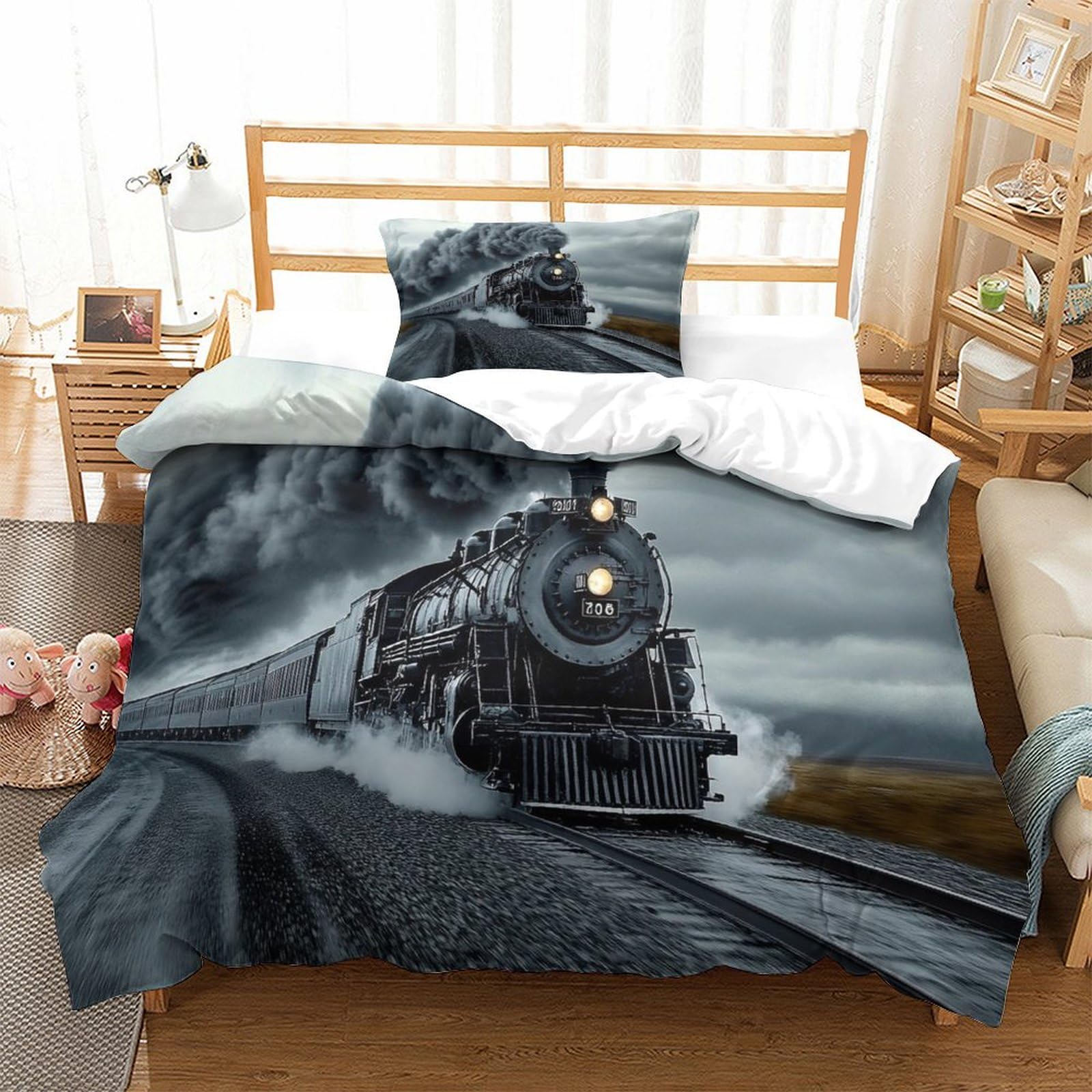 LILIlaobiao Steam Train Colorful Bed Linen Set Hidden Zipper Choochoo Duvet Cover Set with Pillowcases Quilt Cover Set Soft Microfiber Comforter Cover Set for Kids Adults Single（135x200cm）