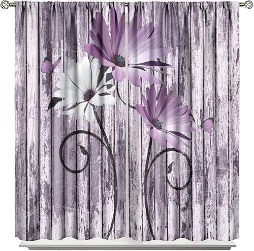 Miniatura 9 de Cortinas rústicas de cocina de granja, margaritas florales de granja de primavera, cortinas opacas de madera retro con bolsillo para barra, cortinas