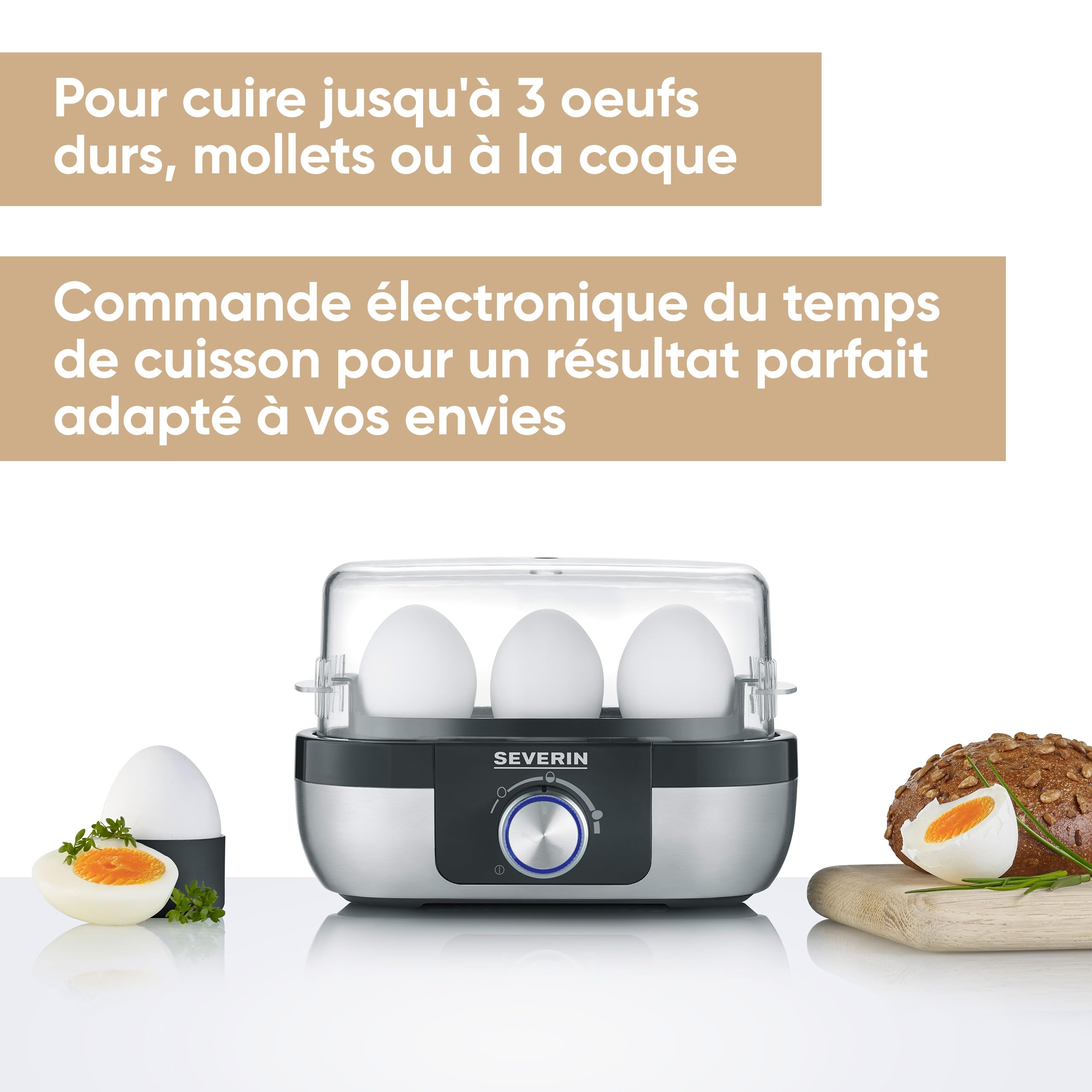SEVERIN Cuiseur à œufs 270 W, Appareil de cuisson pour 1 à 3 œufs, Doseur d'Eau et Perce-Œufs Inclus, Cuit-œufs avec contrôle électronique du temps de cuisson, Inox, EK 3163