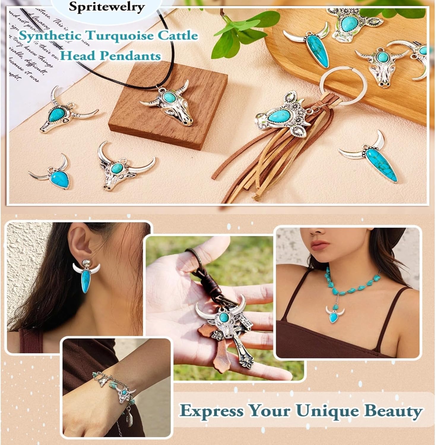 Pandahall 14Pcs Cattle Head Turquoise Charms Tibetan Turquoise Pendants 7 Styles Western Charms for Women Jewelry Making Bracelet Necklace Earring DIY Crafts - Image 6