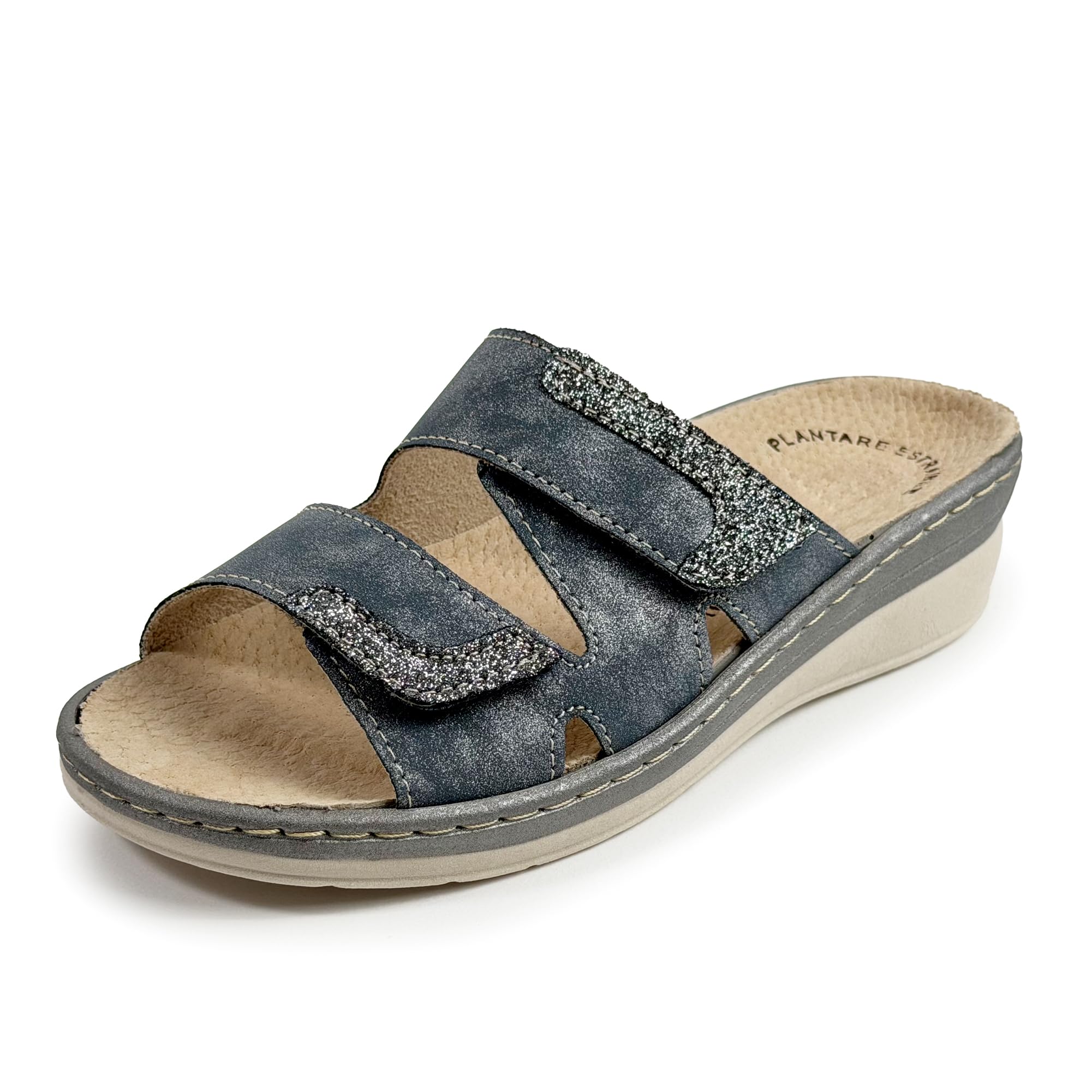 JOMIX Mules Femme Orthopédiques à Scratch Pantoufles d'Été Anatomiques Semelle Amovible en Cuir Véritable Sandales églables Compensées Confortables pour Pieds Sensibles et Senior Bleu 35