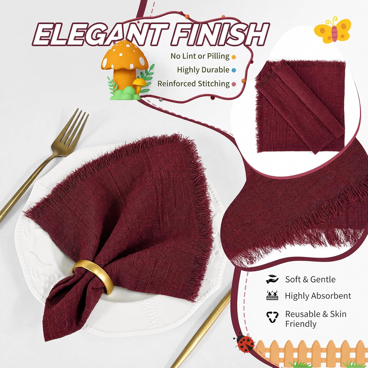 Showgeous 20 Pack Burgundy Cloth Napkins with Fringe 16x16 inch