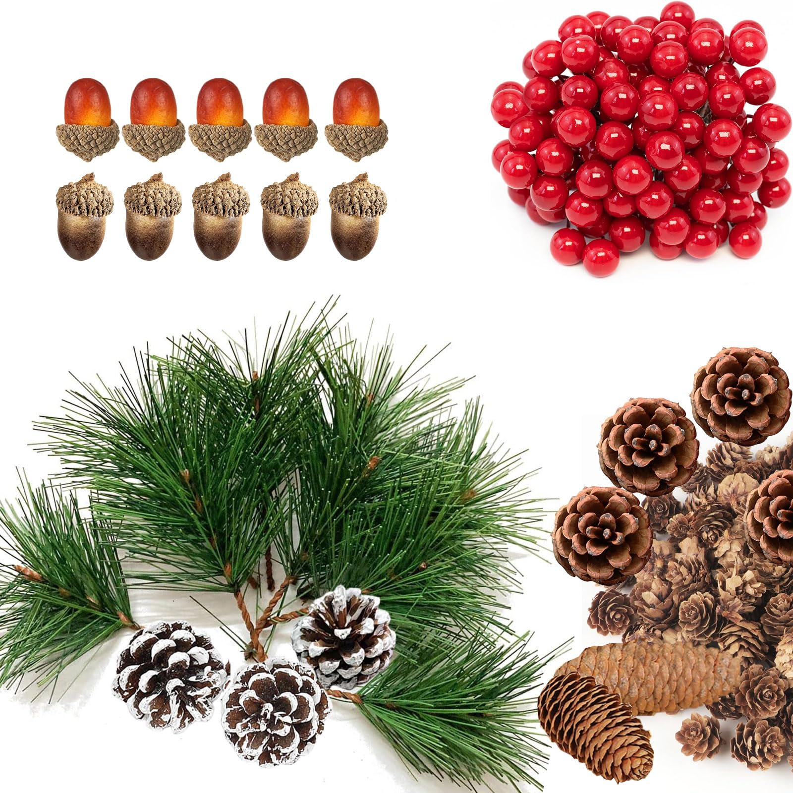 129Pcs Artificial Pine Picks Christmas Pine Needles with Red Berries Pines Cones,Christmas Natural Pines Cones Berry Acorns Stems Decor Bouquets for Craft,Garden,Xmas Flower Arrangements Wreaths Decor