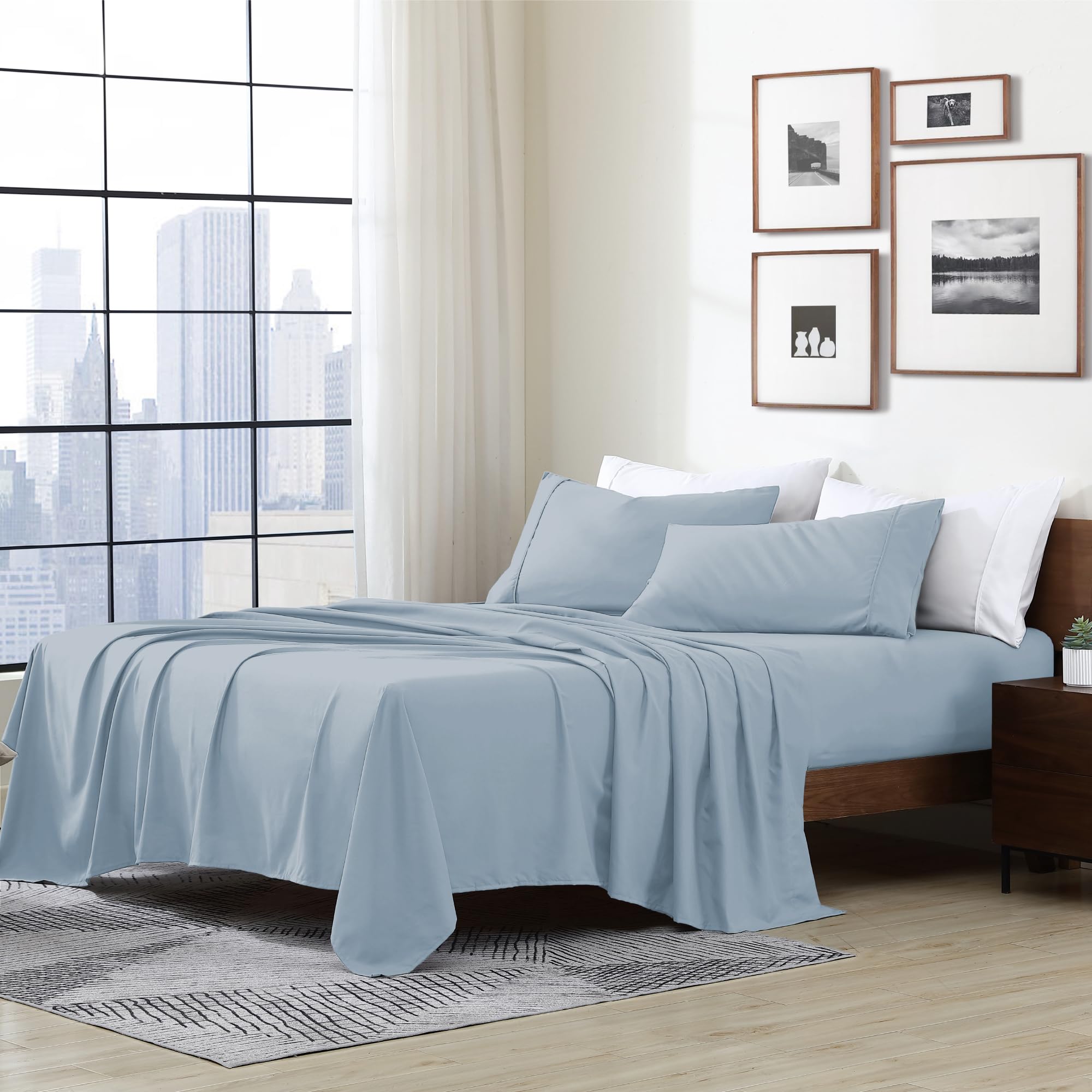 Cathay Home Essentials Ultra Soft Hypoallergenic Wrinkle Resistant Double Brushed Microfiber Bedding Sheet Set, Blue Fog, Queen
