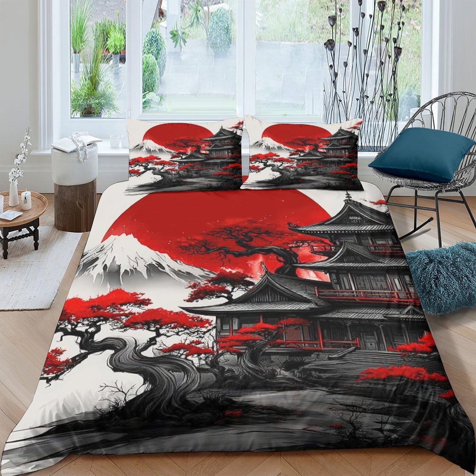 Ctjqhvkz Style-1 3D Printed Japanese Pagoda Red Sun Fitted Sheet Microfiber Artistic Landscape Bed Cover For Bedroom Decoration Single（135X200cm）