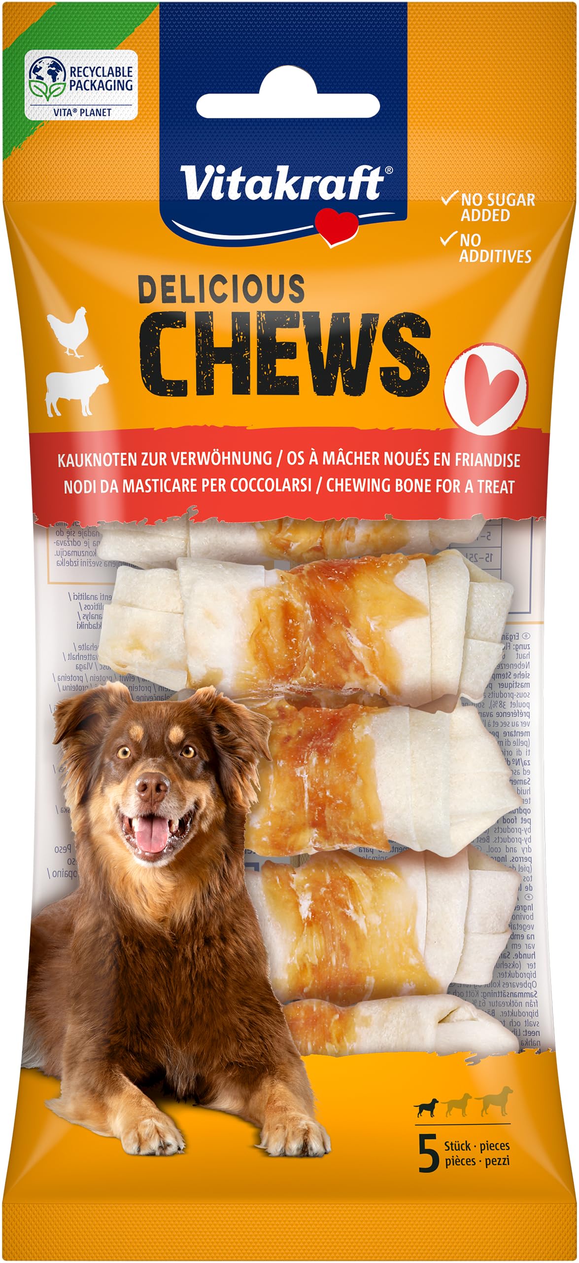 Vitakraft Delicious Chews, osso da masticare per cane, osso da masticare con pelle di manzo avvolto in carne di pollo, per occupazione, senza zuccheri aggiunti (10x 70g)