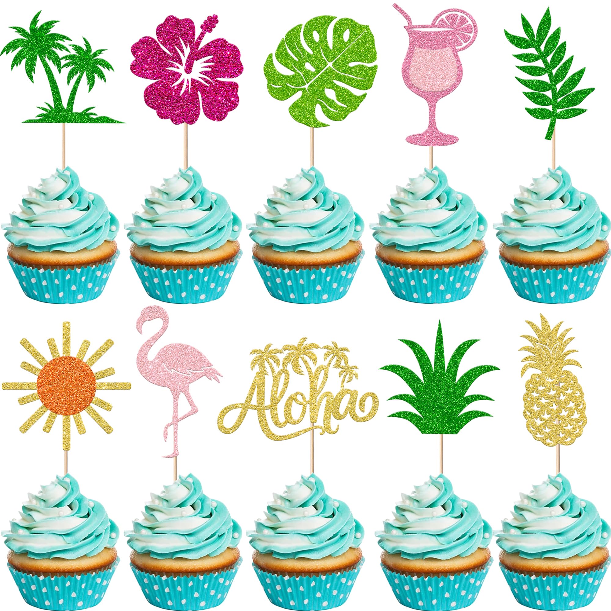 Xsstarmi 30 Pack Tropical Cupcake Toppers Sun Glitter Flamingo Hawaiian Luau Aloha Cupcake Picks for Summer Tropical Baby Shower Wedding Birthday Party Cake Decorations Supplies
