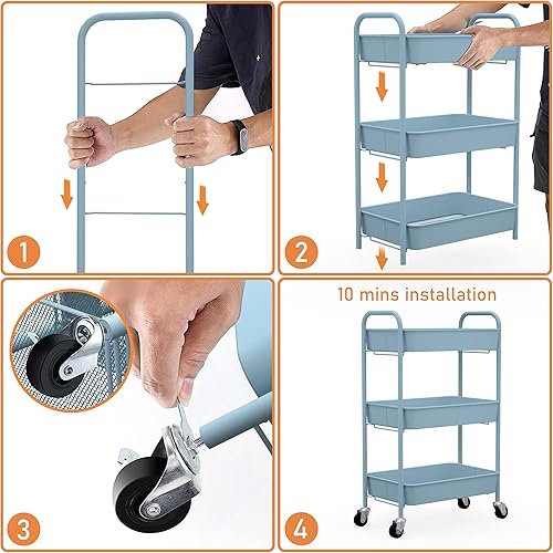 Miniatura 4 de CAXXA Organizador de almacenamiento de metal rodante de 3 niveles, carrito móvil con ruedas giratorias, azul Azul,Verde Aqua,Negro,Rosa,Blanco