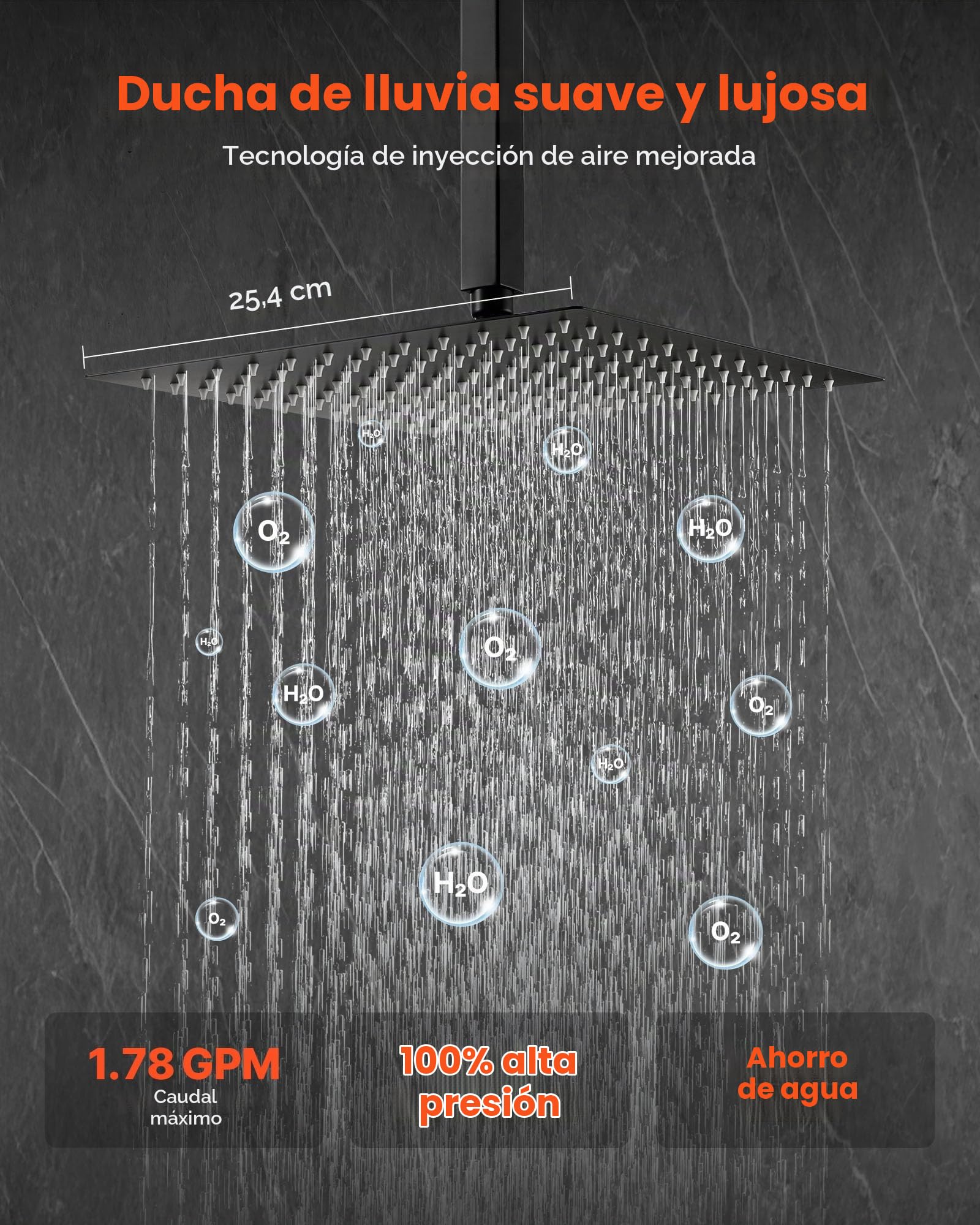 VEVOR Juego de Grifo de Ducha de Lluvia con Cabezal de Ducha Cuadrado de 25,4 cm y Rociador de Mano, Grifería de Techo con Válvula de Latón y Kit de Embellecedor, 6,7 L/min, Color Negro Mate