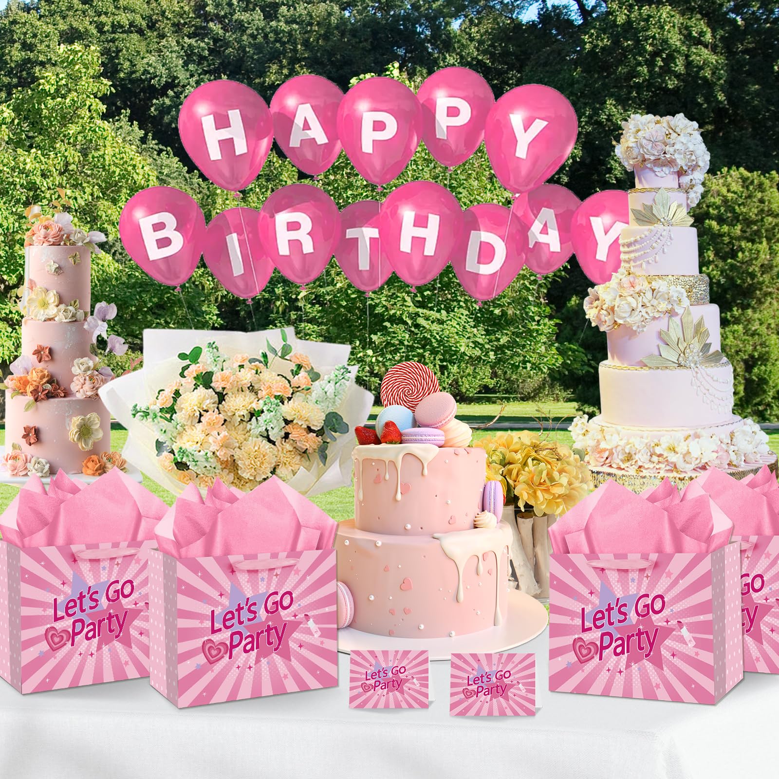 Hot Pink Gift Bag Lets Go Party Supplies Valentines Pink Wrapping Bag with Greeting Card and Tissue Paper Bachelorette Party Decorations for Girls Princess Bridal Shower Birthday Party Supplies
