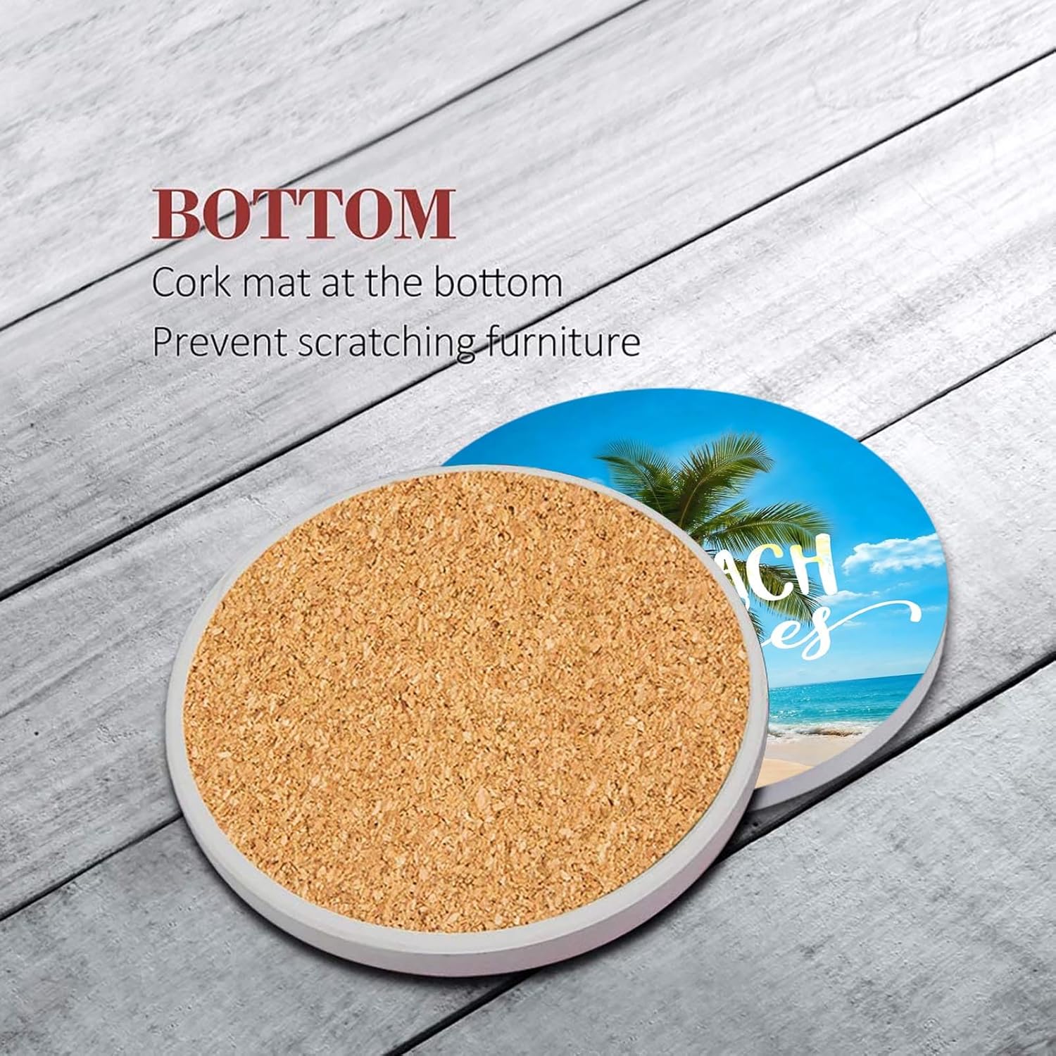 Britimes Coaster for Drinks Set of 6, Tropical Beach Landscape Caribbean Absorbent Round Ceramic Stone Mat, with Cork Base and Metal Holder, Gift for Housewarming Room Bar Decor - Image 5