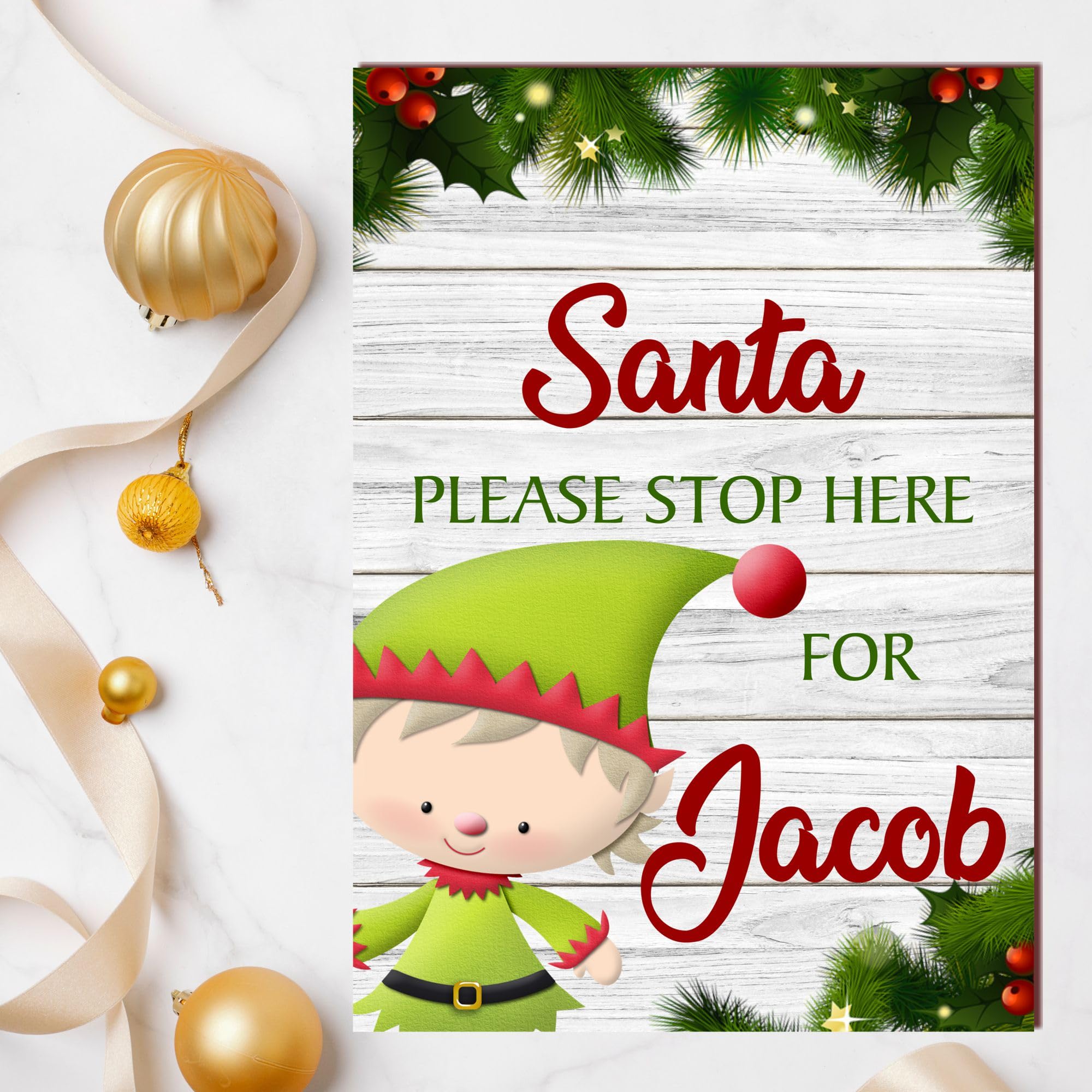 Personalised 'Santa Please Stop Here' Plaque Sign - Rustic Christmas Wall Art for Kids' Rooms - Customisable Xmas Gift Decoration - Handcrafted in the UK (A4 MDF Wood: Indoor Use Only, Elf Design)
