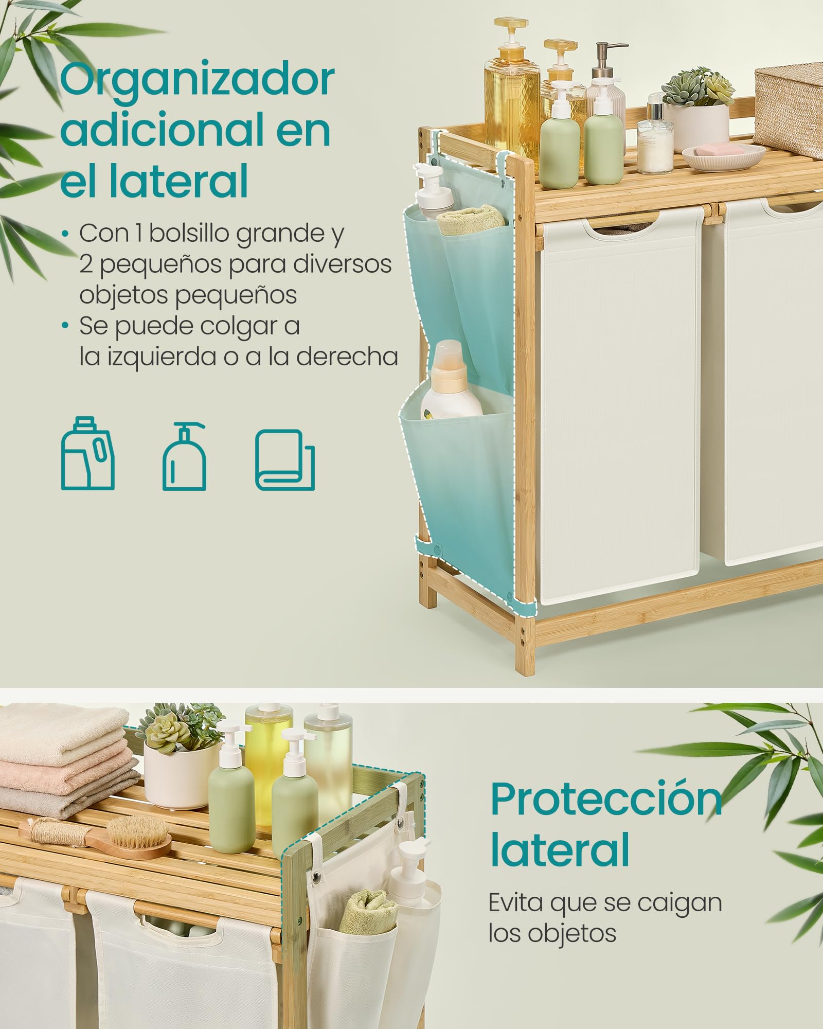 SONGMICS Cesto para Ropa Sucia de Bambú, 3 Compartimentos (150L), con Estante y Bolsas Extraíbles, 94 x 33 x 78 cm, para Baño, Blanco Crema RLH115W01
