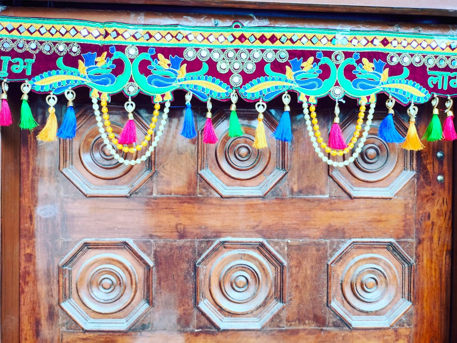 URBAN HAAT Traditional Cotton and Pearl Beads toran in Peacock designfor Main Door 2