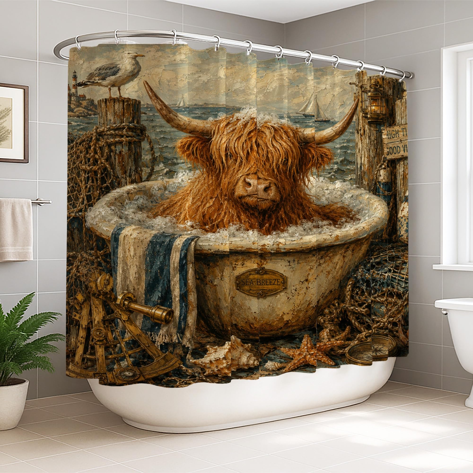 Rideau de douche vache des Highlands 274 x 183 cm en tissu bleu étanche