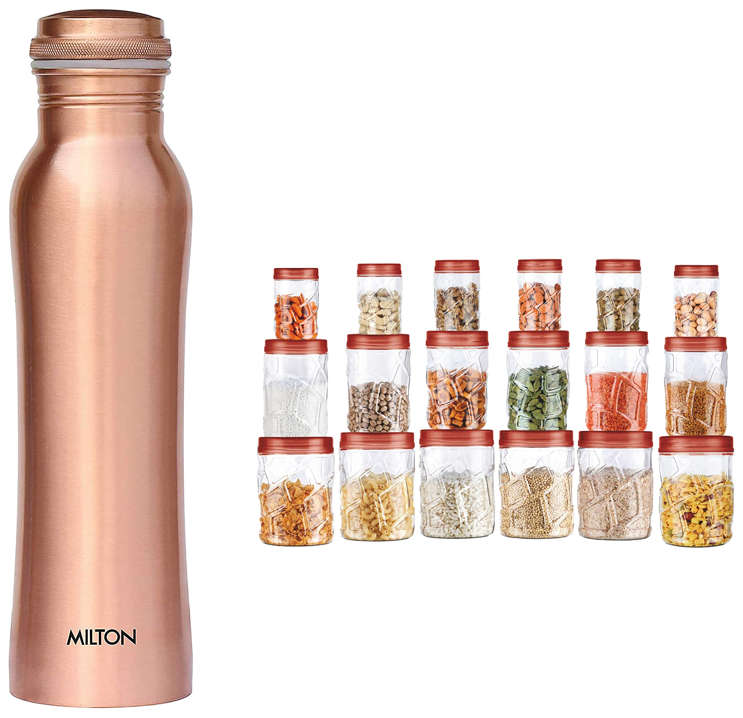 Milton Copperas 1000 Copper Bottle, 920 ml, 1 Piece, Copper & Milton Vitro Plastic Jar Set, 18- Pieces, Transparent